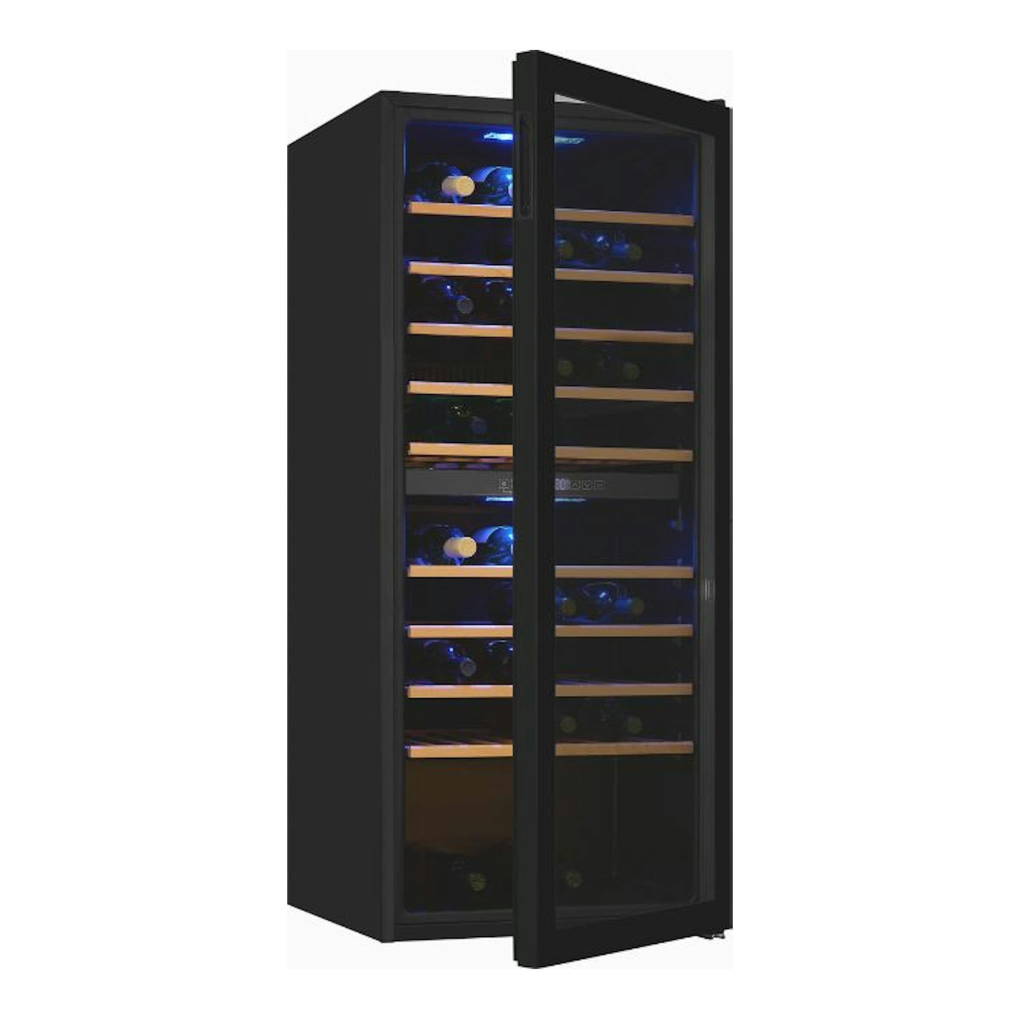 Vinoteca Exquisit WS2-114-GTE-160G negra, vista frontal en ángulo, puerta de cristal abierta e interior iluminado.