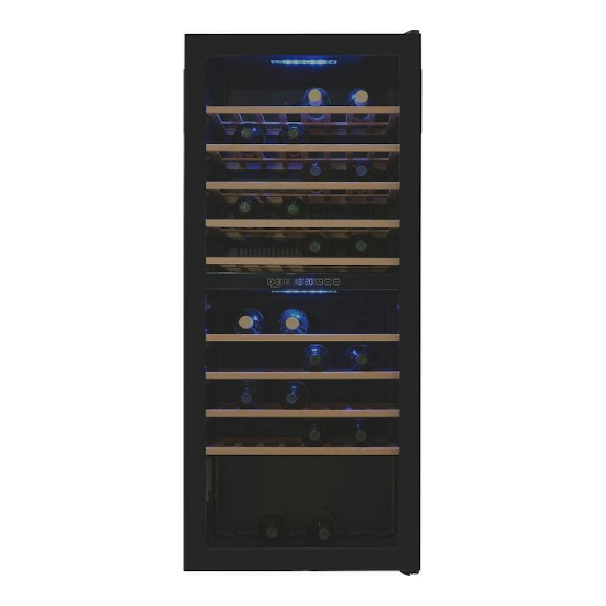 Vinoteca Exquisit WS2-114-GTE-160G negra, vista frontal, puerta de vidrio y estantes de madera, luz azul.