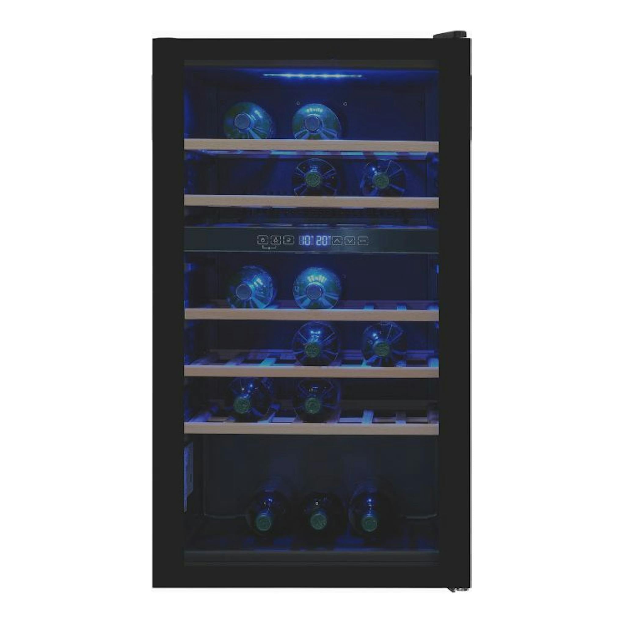 Vinoteca Exquisit WS2-45-GTE-160G negra, vista frontal, con botellas y estantes de madera.