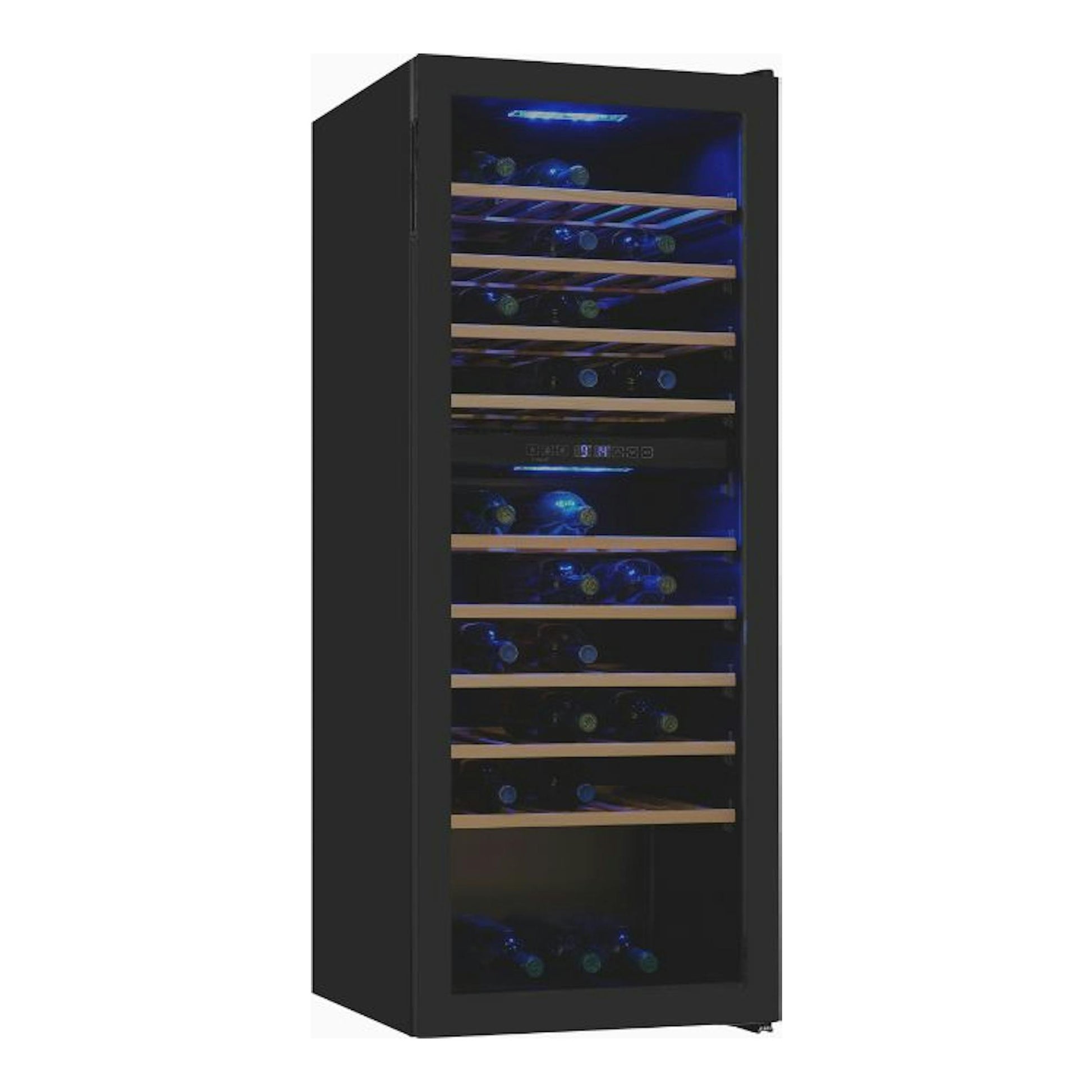 Vinoteca Exquisit WS2-78-GTE-160G negra, vista frontal ligeramente lateral, con iluminación azul y botellas en estantes.