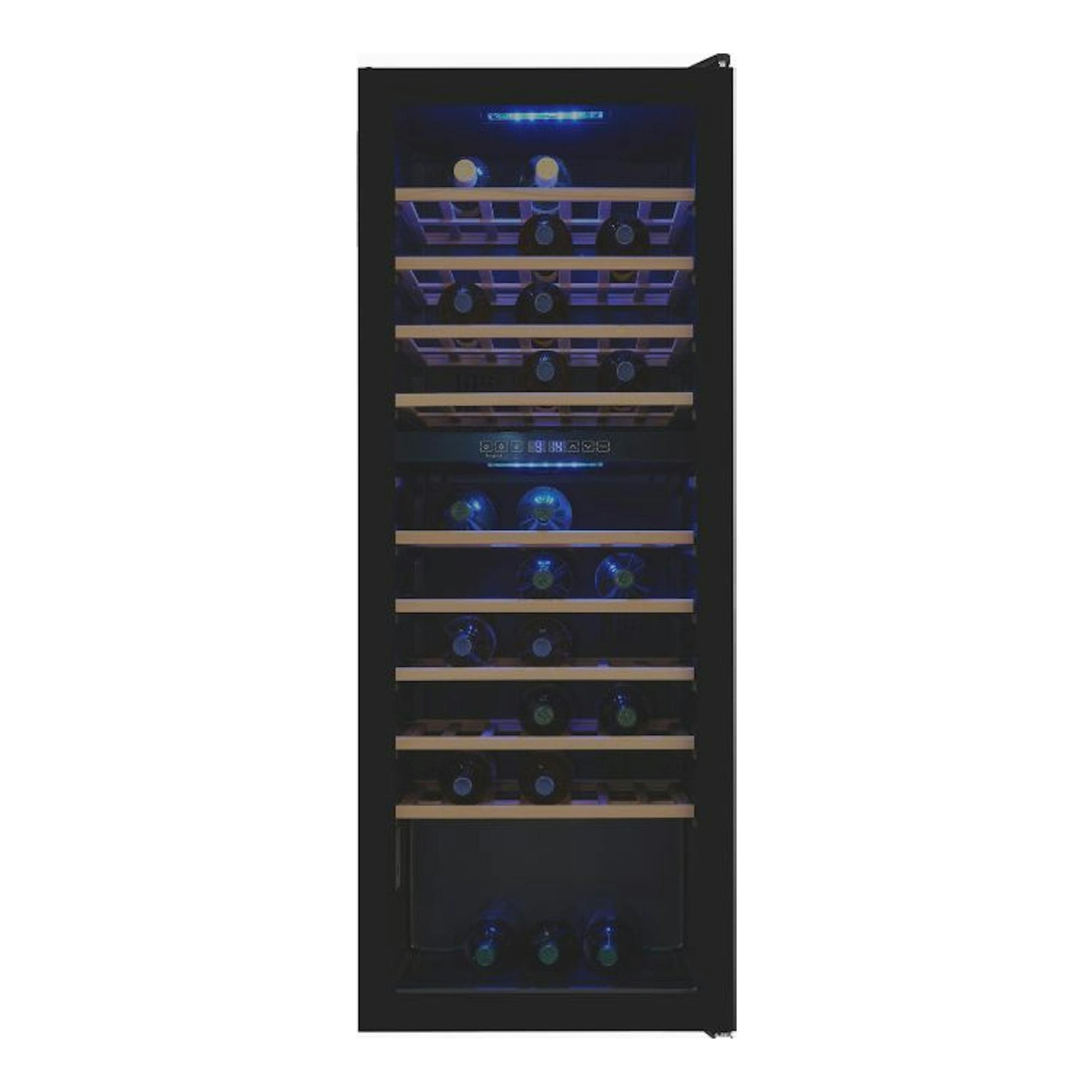 Vinoteca Exquisit WS2-78-GTE-160G negra, vista frontal, con botellas y dos zonas de temperatura