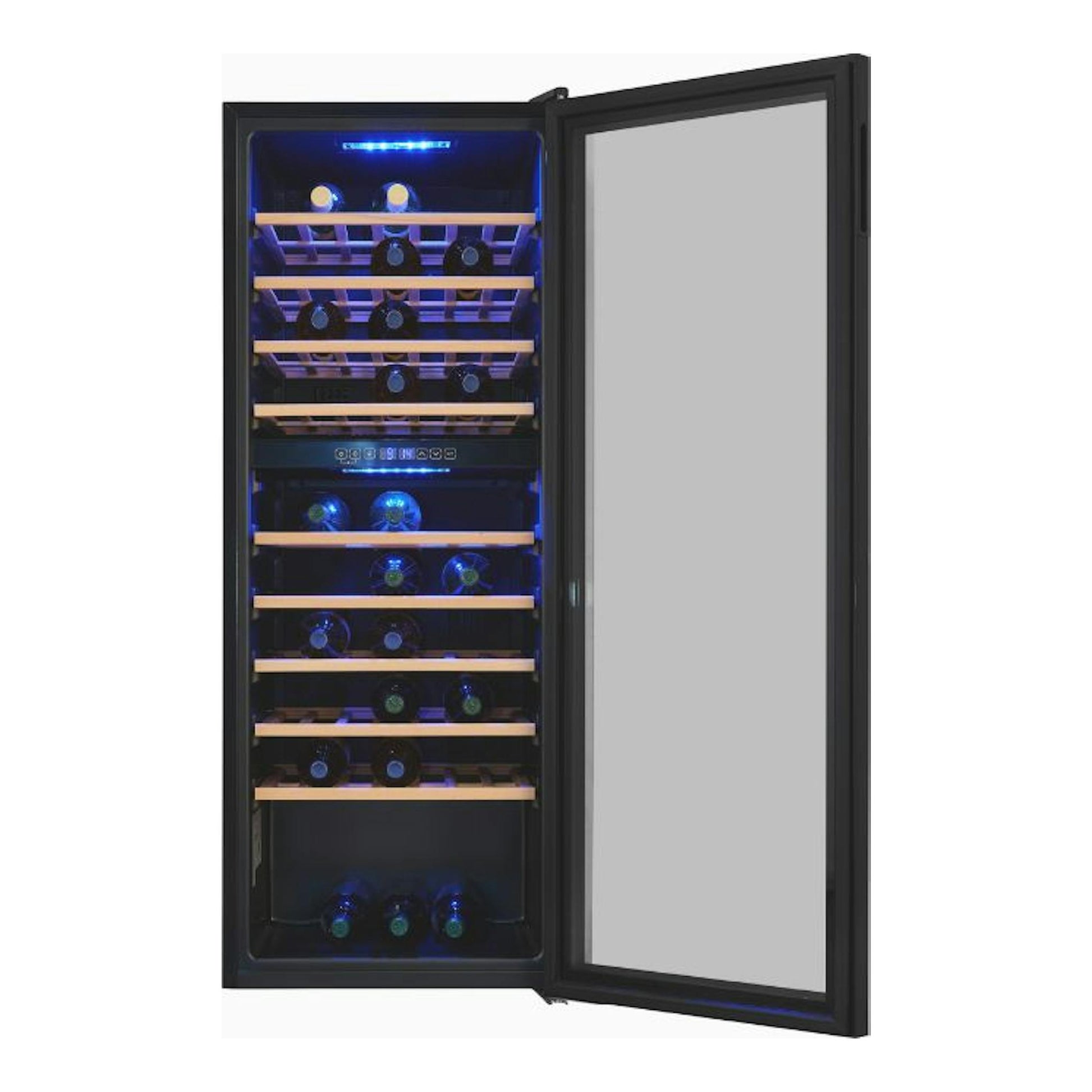 Vinoteca Exquisit WS2-78-GTE-160G negra, vista frontal con puerta abierta y estantes de madera.
