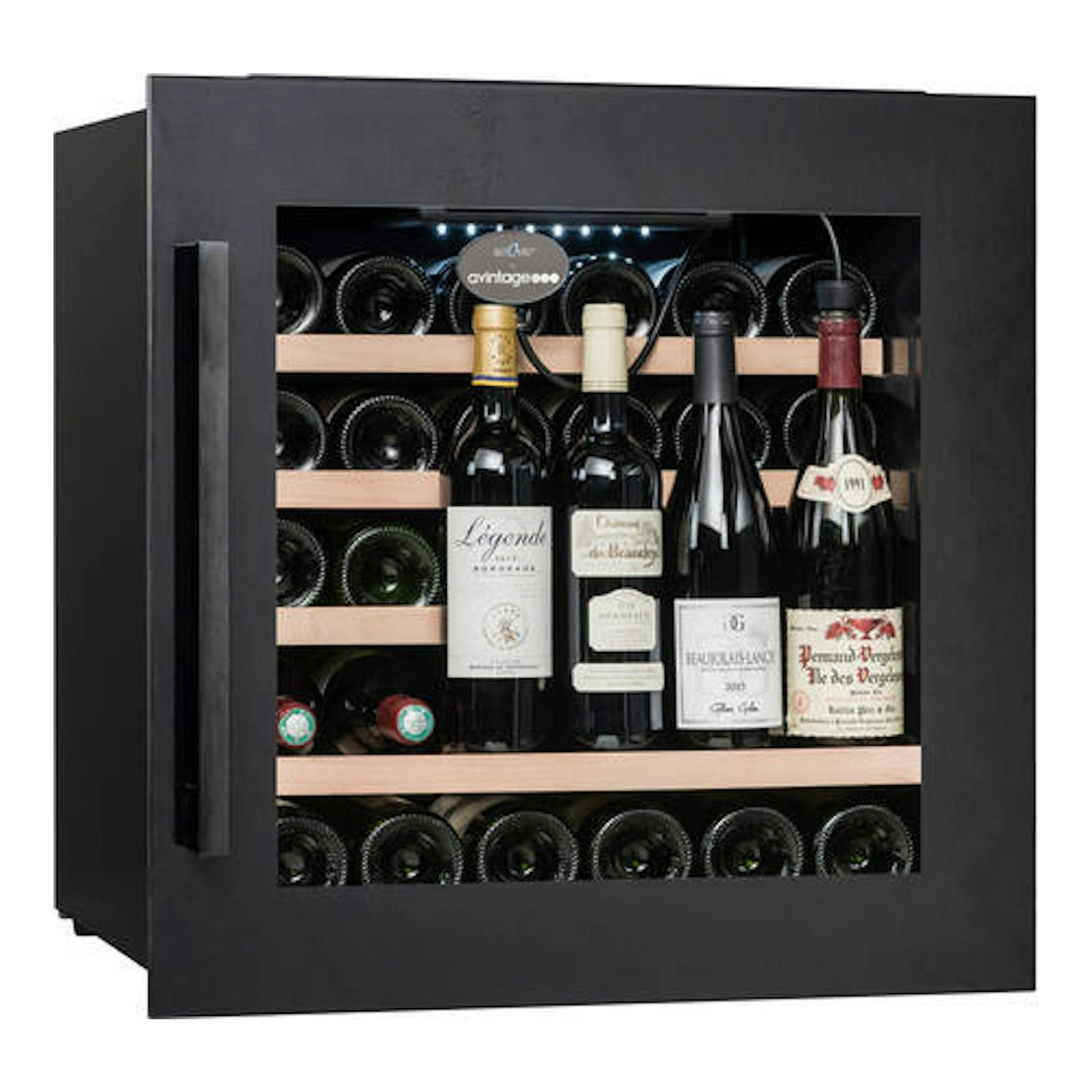 Vinoteca integrable Avintage AVI63CSZF negra, vista frontal, con puerta de cristal y botellas dentro.