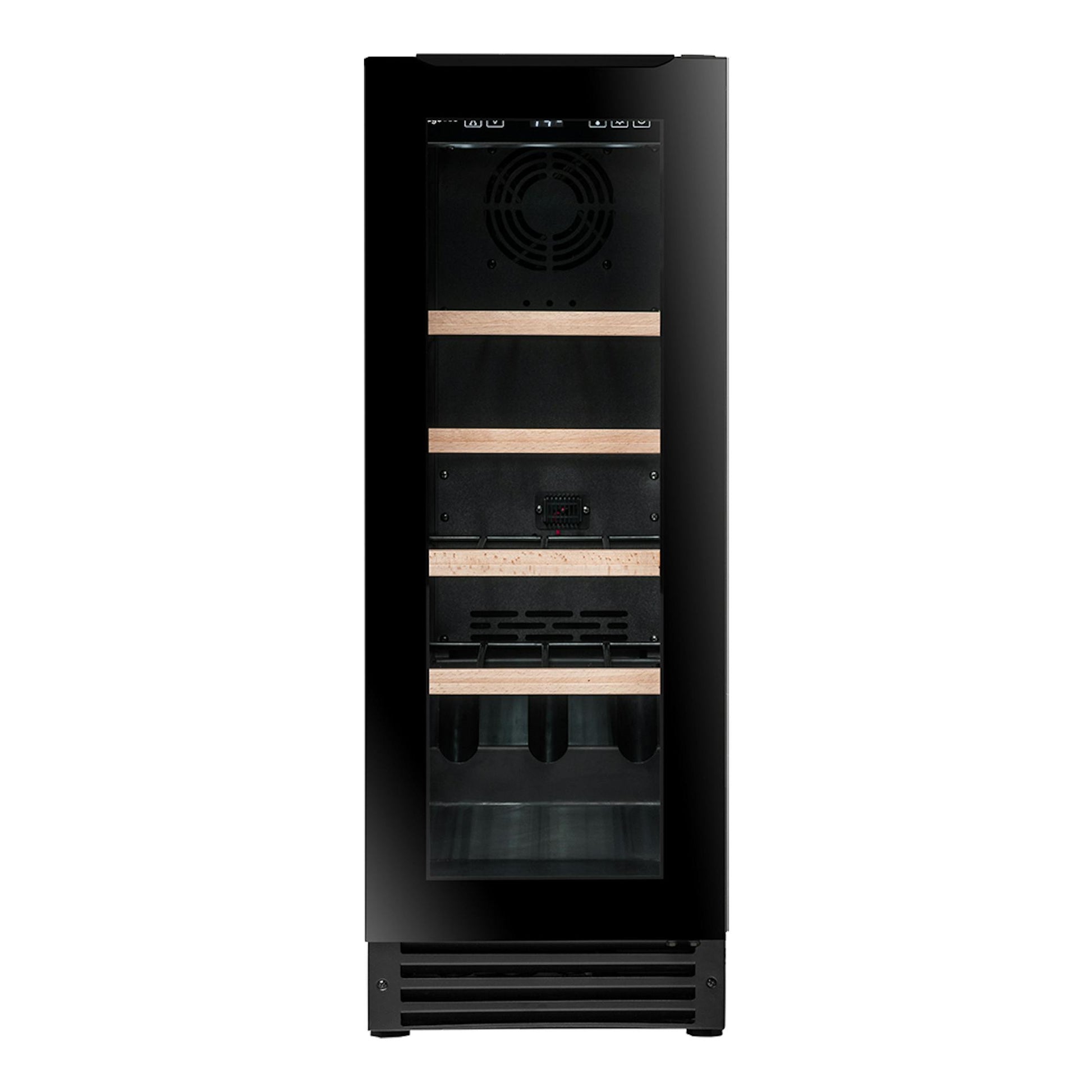 Vinoteca integrable Avintage AVU23TB1 negra, vista frontal, con estantes de madera y puerta de cristal.