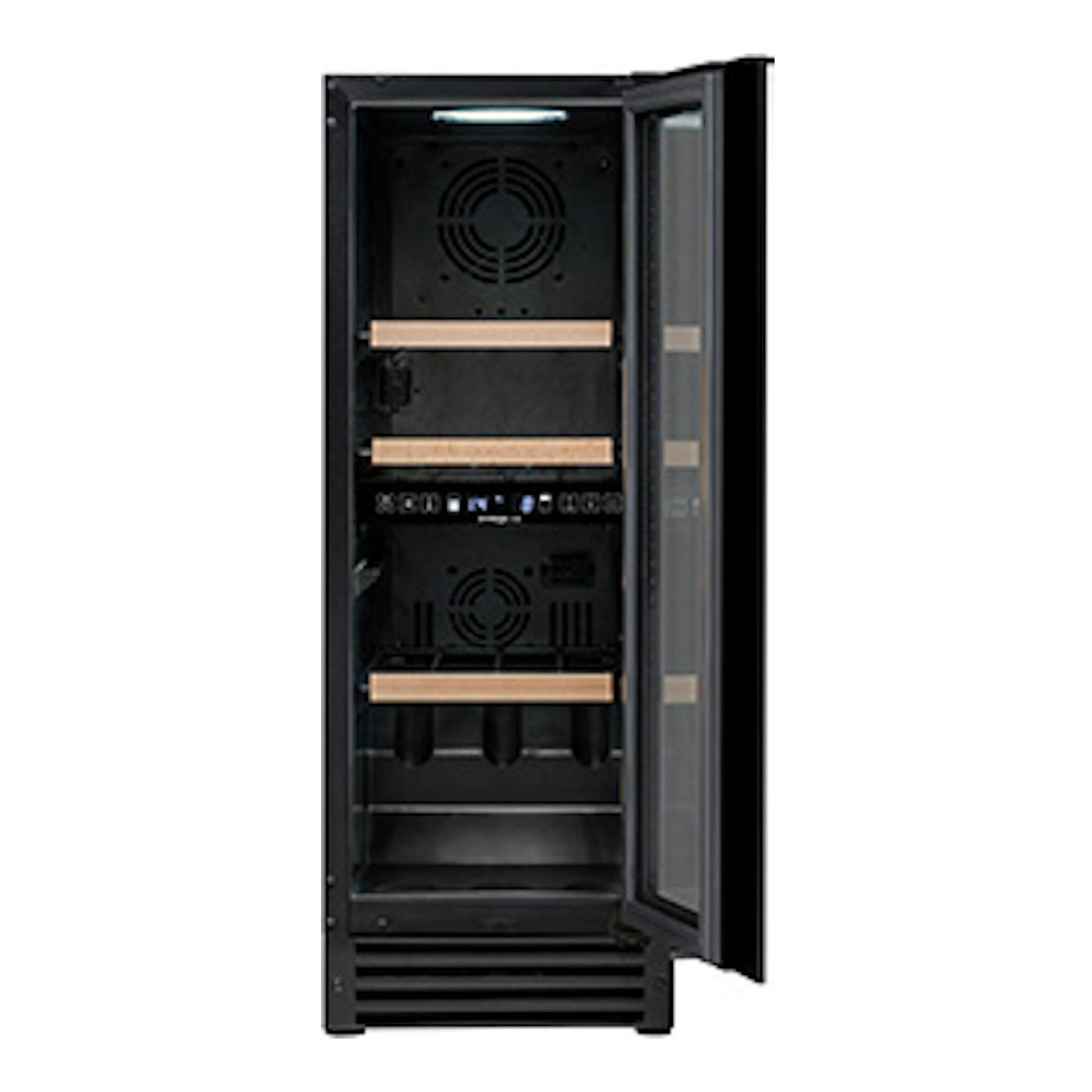 Vinoteca integrable Avintage AVU27D82 negra, vista frontal con puerta abierta y estantes interiores visibles.