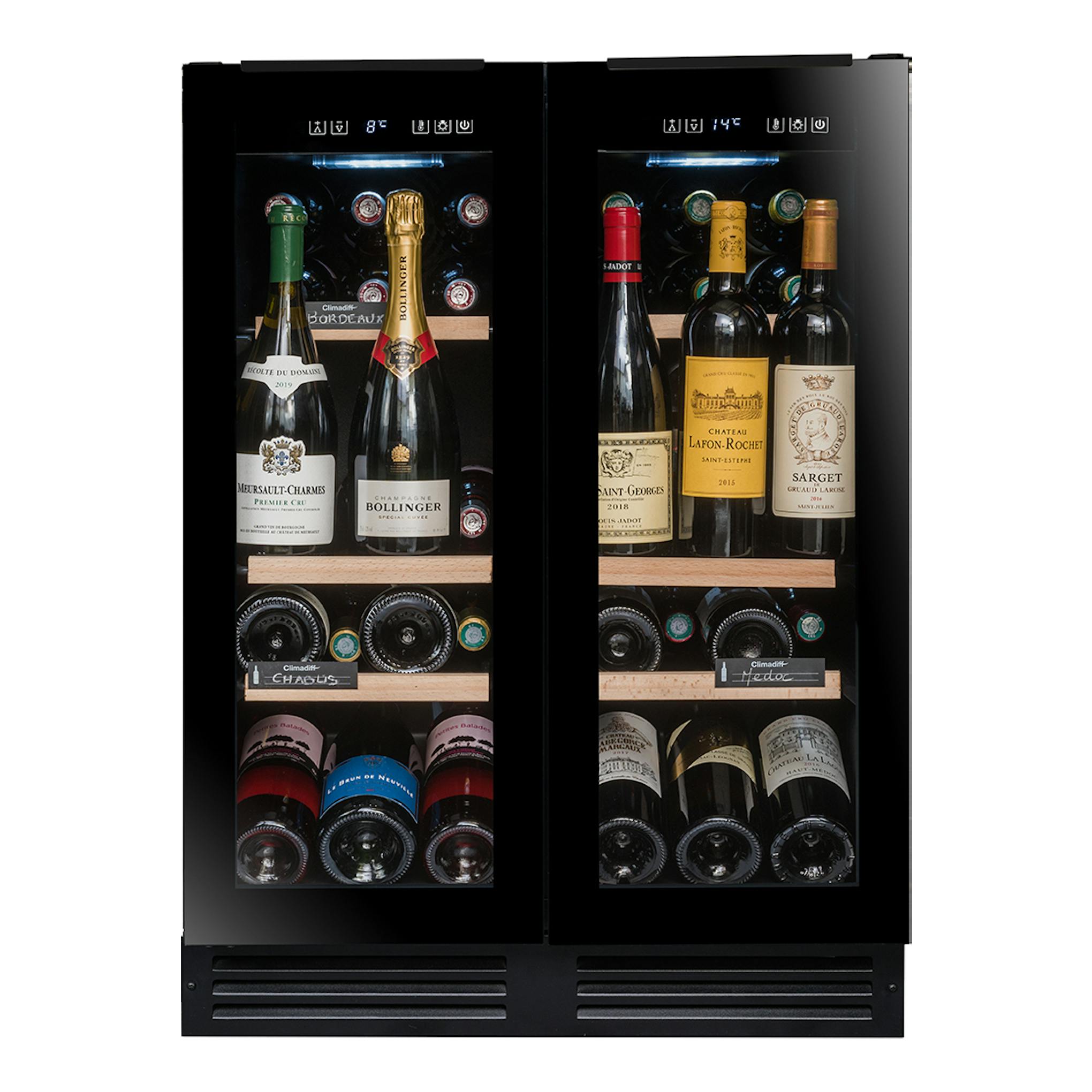 Vinoteca integrable Avintage AVU49DPB1 negra, vista frontal, con doble zona y botellas visibles tras cristal.