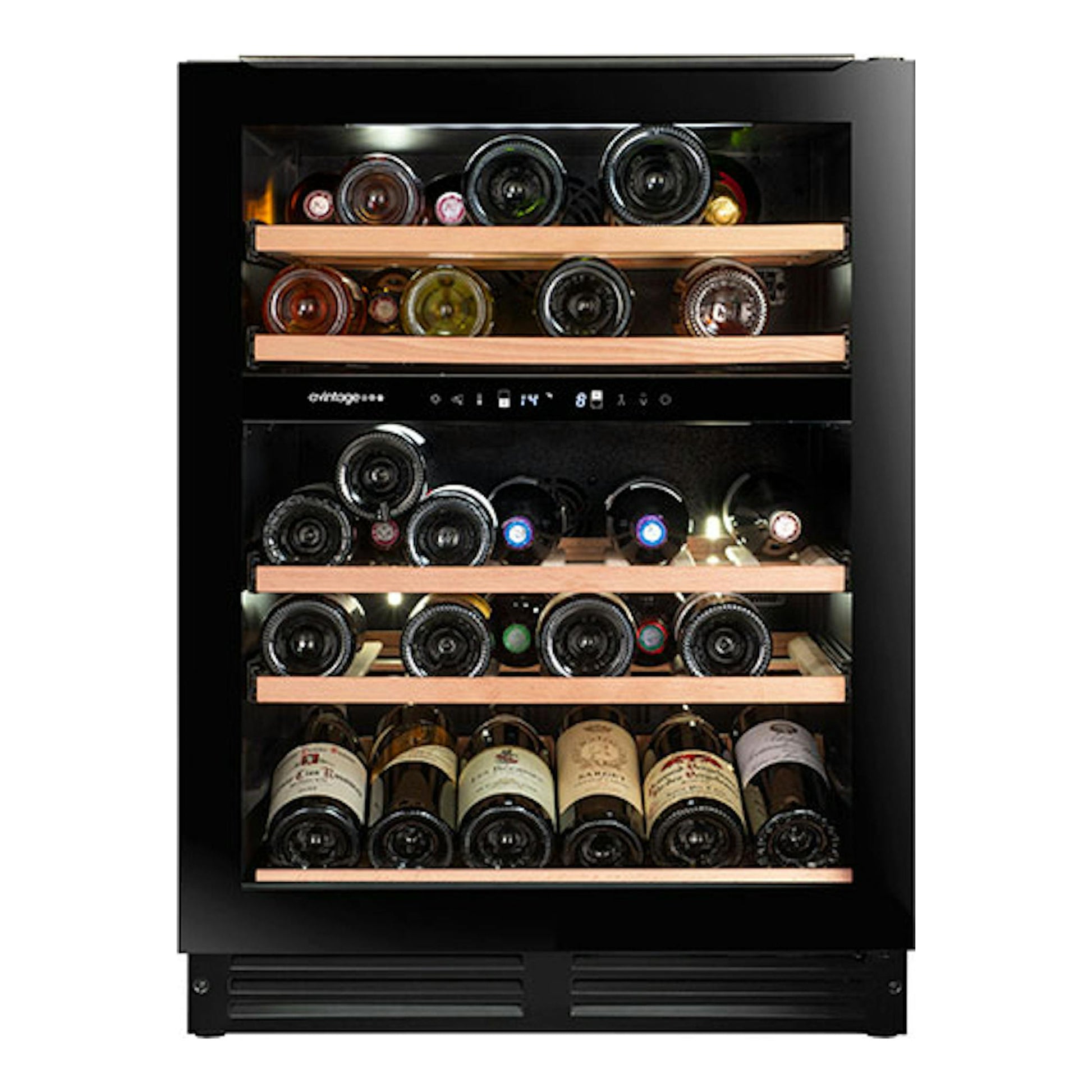 Vinoteca Avintage AVU51D82 negra, vista frontal, con botellas en estantes de madera.