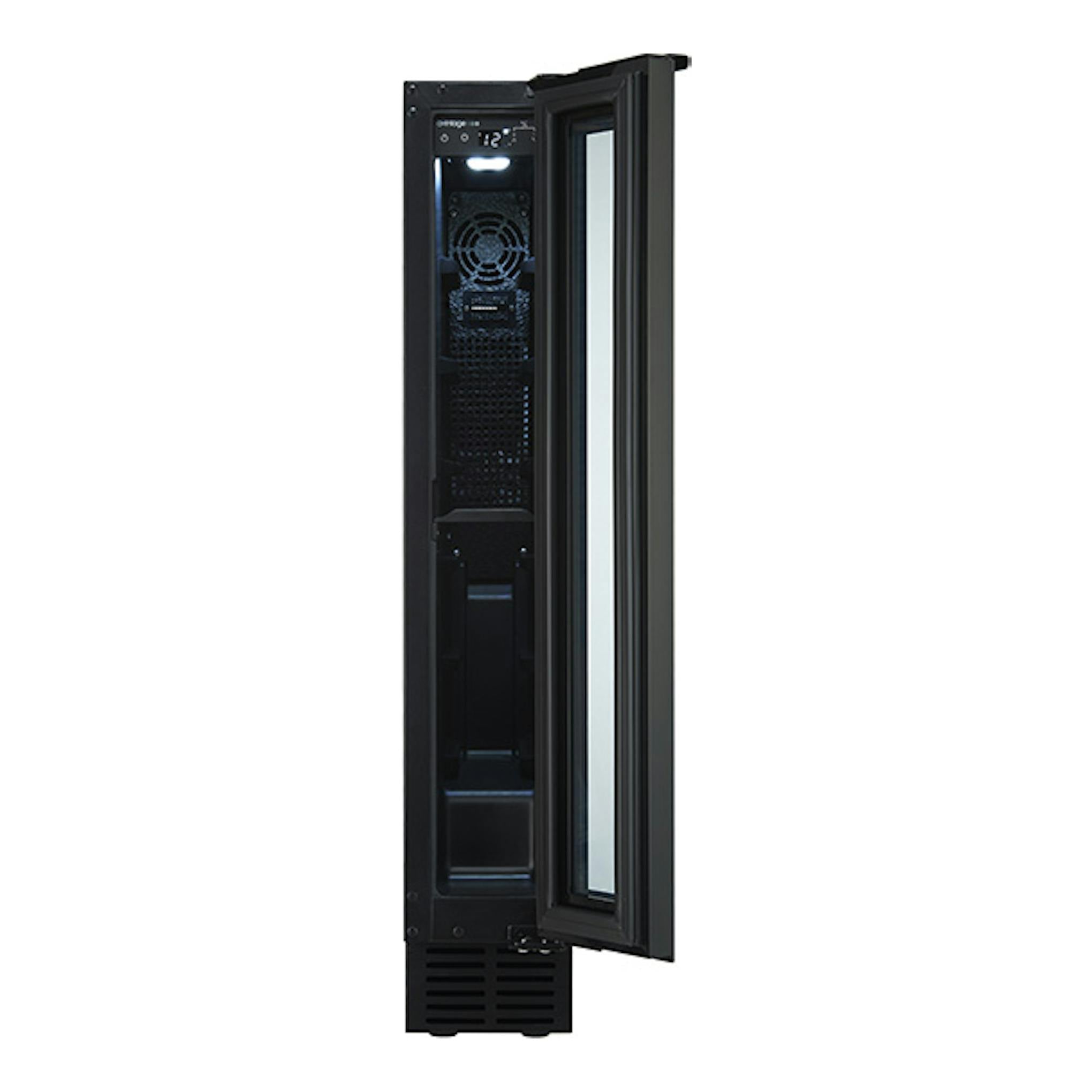 Vinoteca integrable Avintage AVU8S82 negra, frontal con puerta abierta y panel digital superior.
