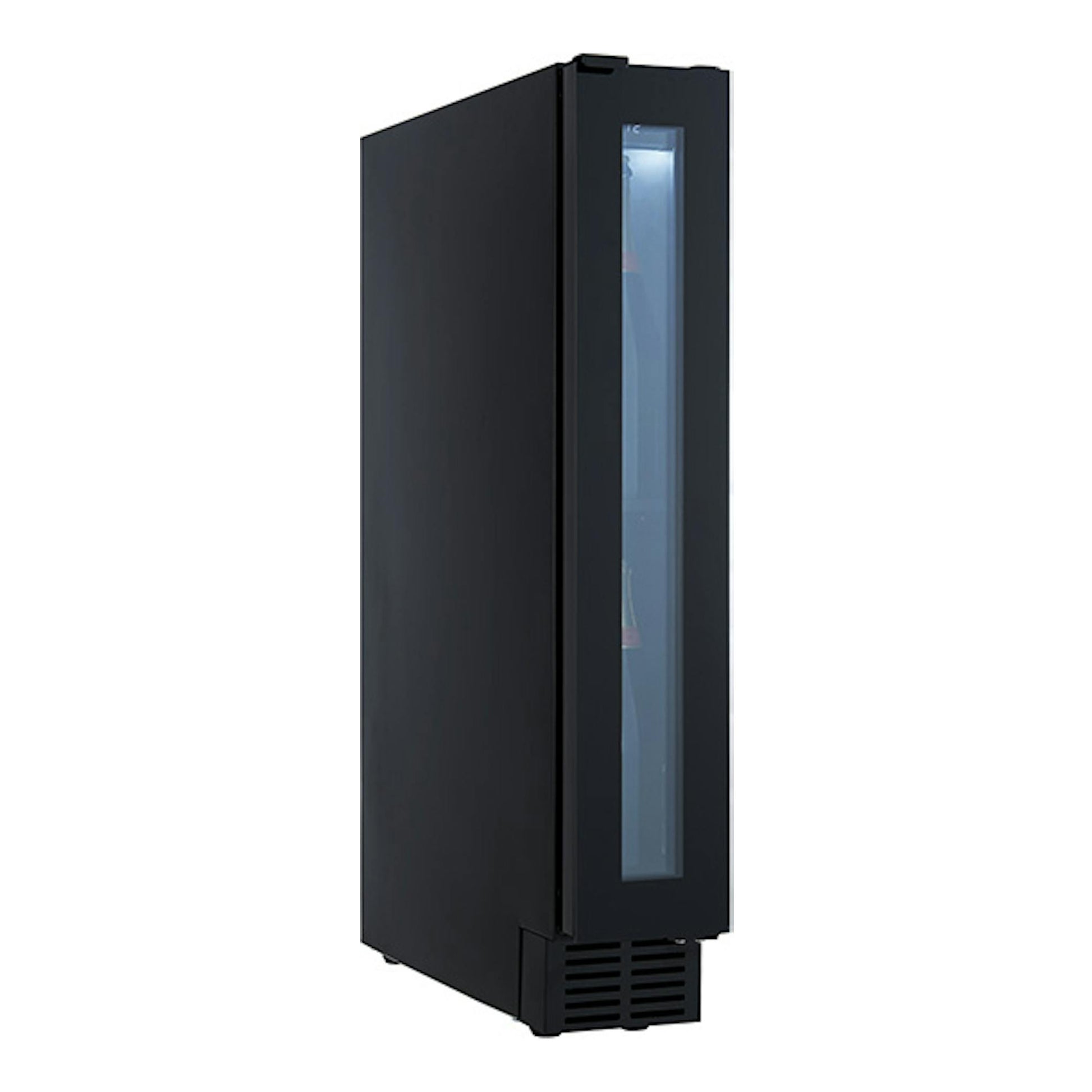 Vinoteca integrable Avintage AVU8S82 negra, vista en ángulo, con puerta frontal de vidrio estrecha.