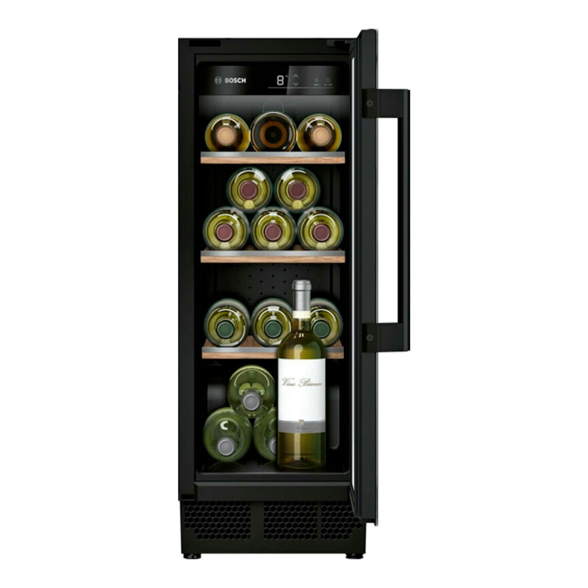 Vinoteca integrable Bosch KUW20VHF0 negra, vista frontal con la puerta abierta y botellas en estantes.