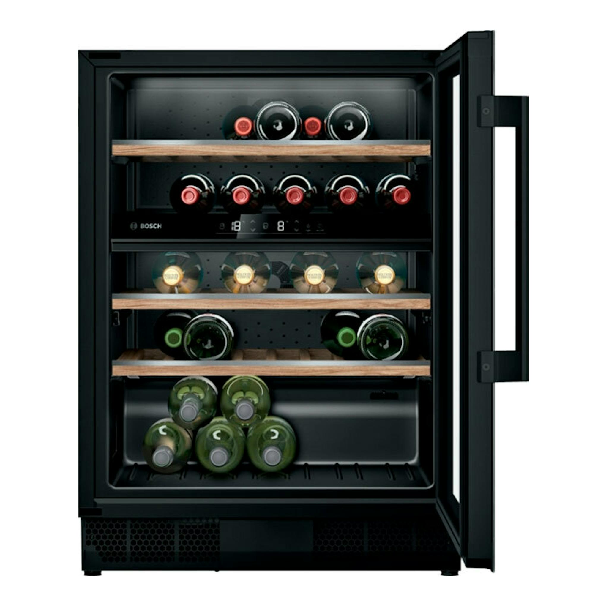 Vinoteca Bosch KUW21AHG0 negra, vista frontal con puerta abierta y botellas en baldas de madera.