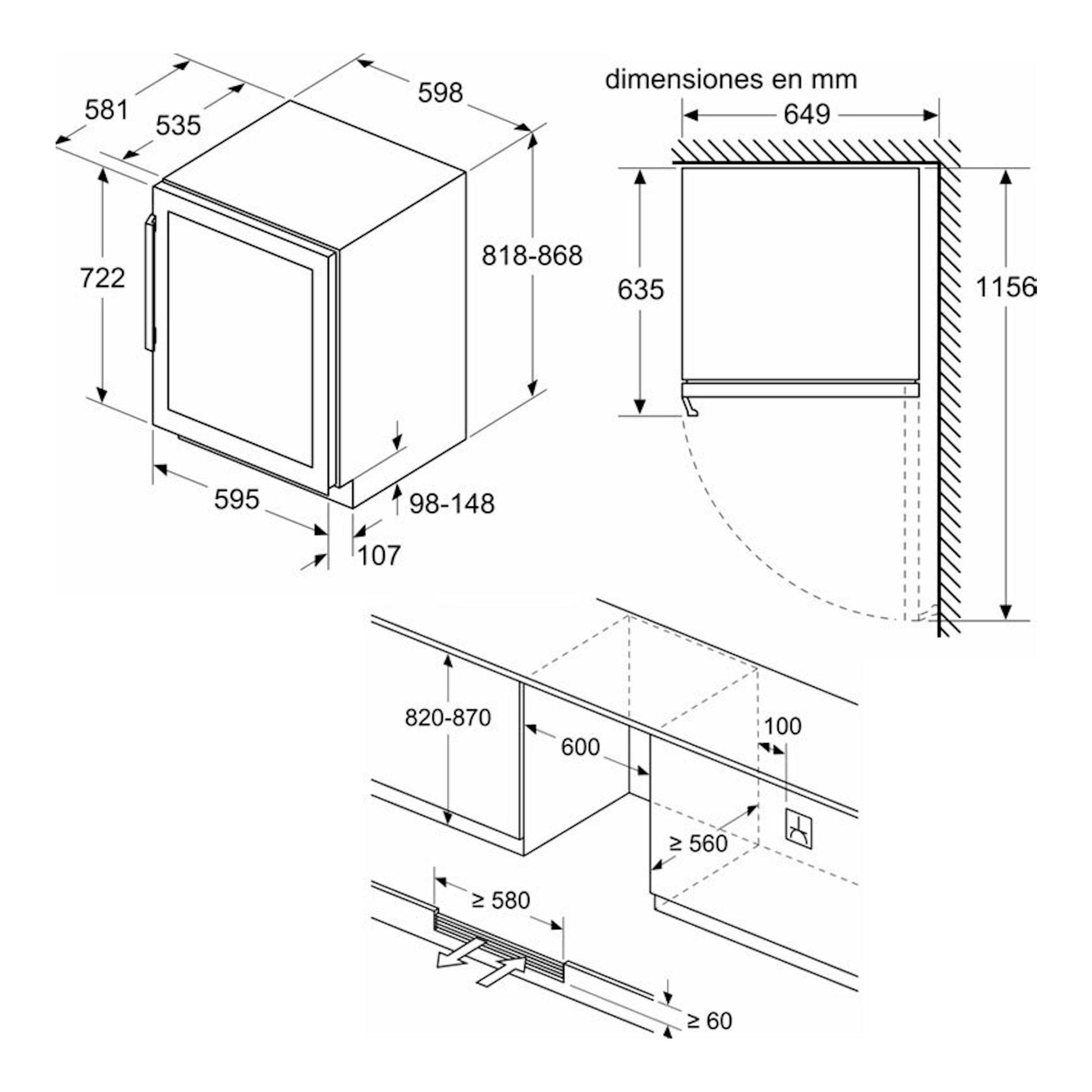 Bosch KUW21AHG0: esquema técnico de vinoteca integrable, con vistas y medidas de instalación.