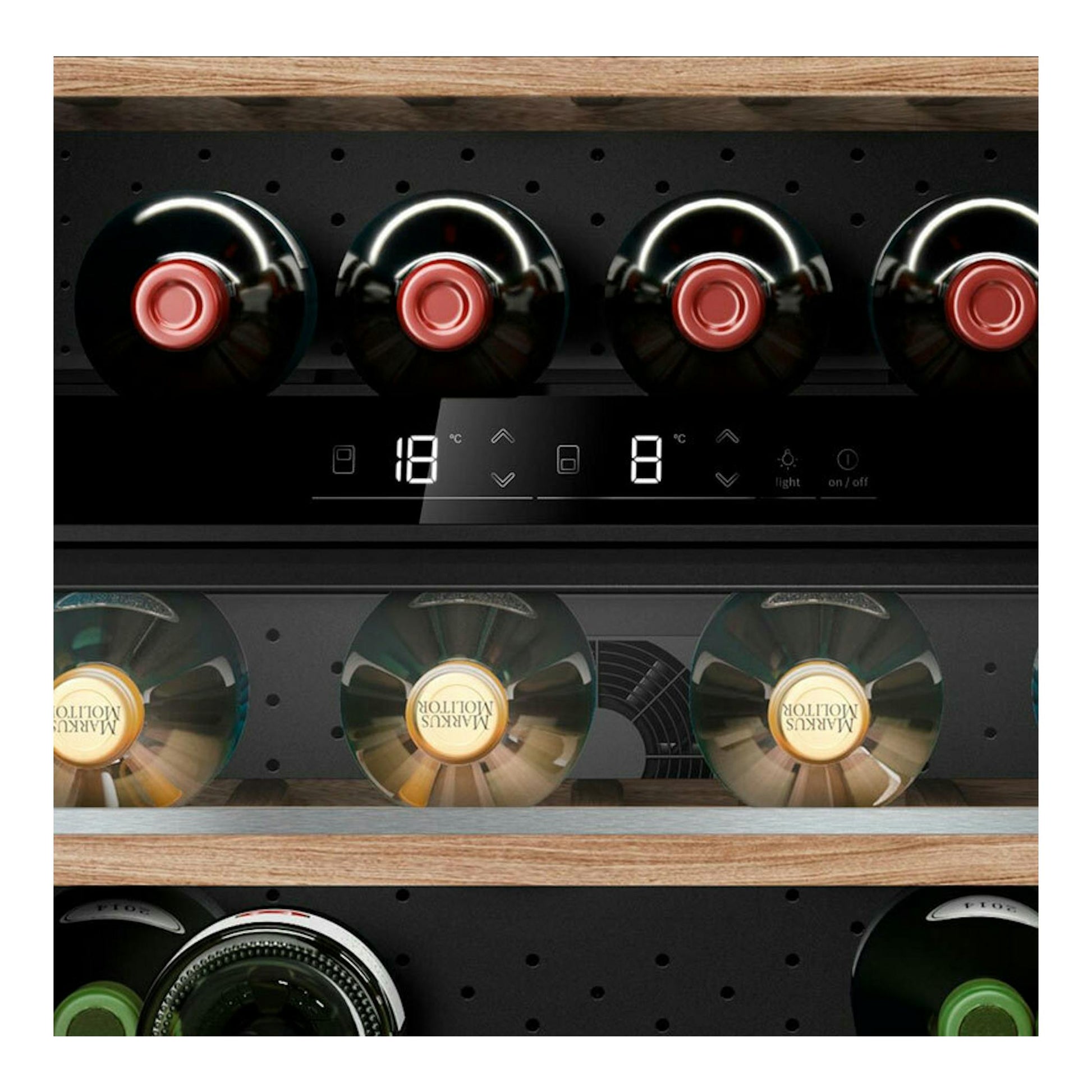 Vinoteca Bosch KUW21AHG0 negra, vista interior con botellas y panel digital de temperatura.