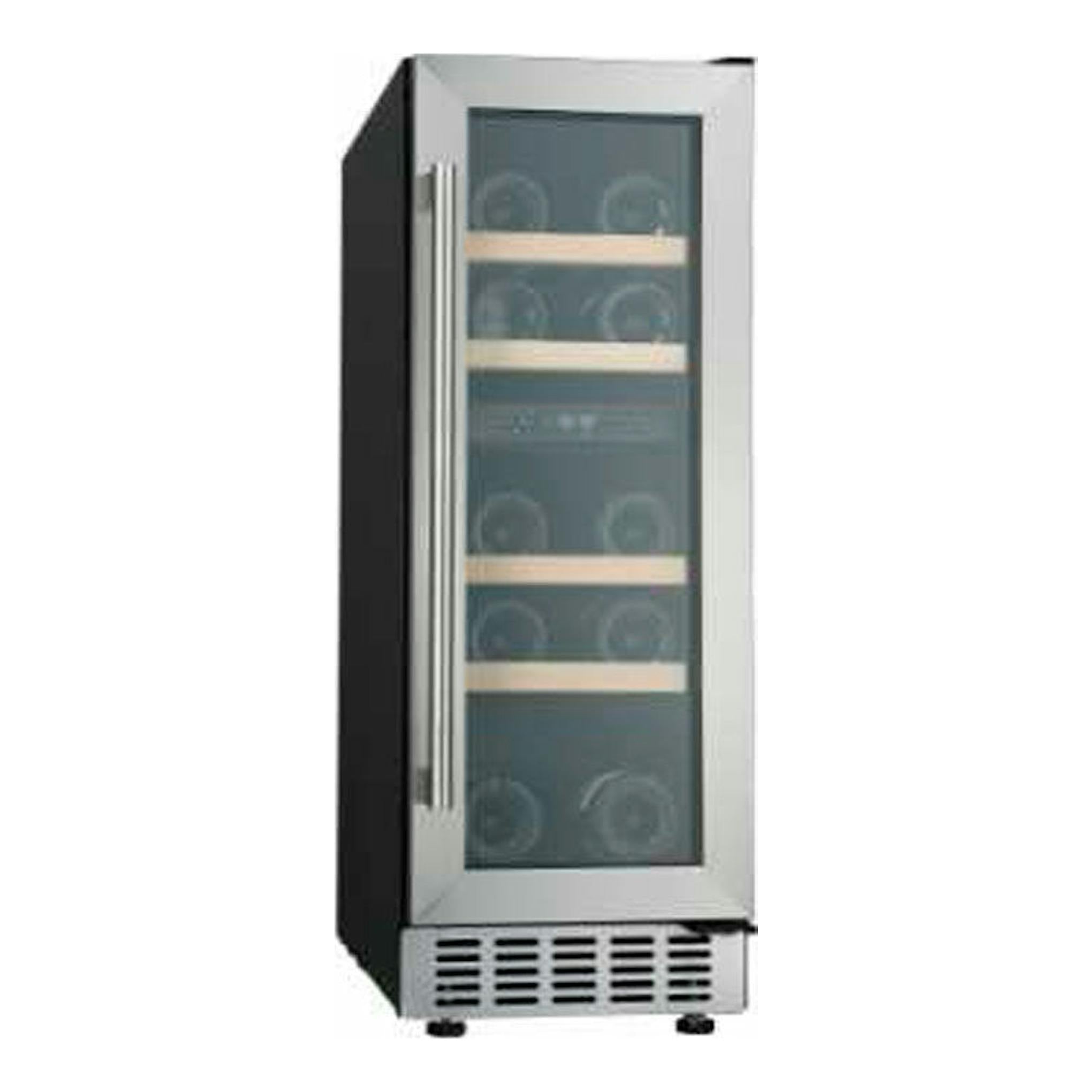 Vinoteca integrable Cata VI30117X inox, vista frontal ligeramente lateral, puerta de cristal y estantes de madera.