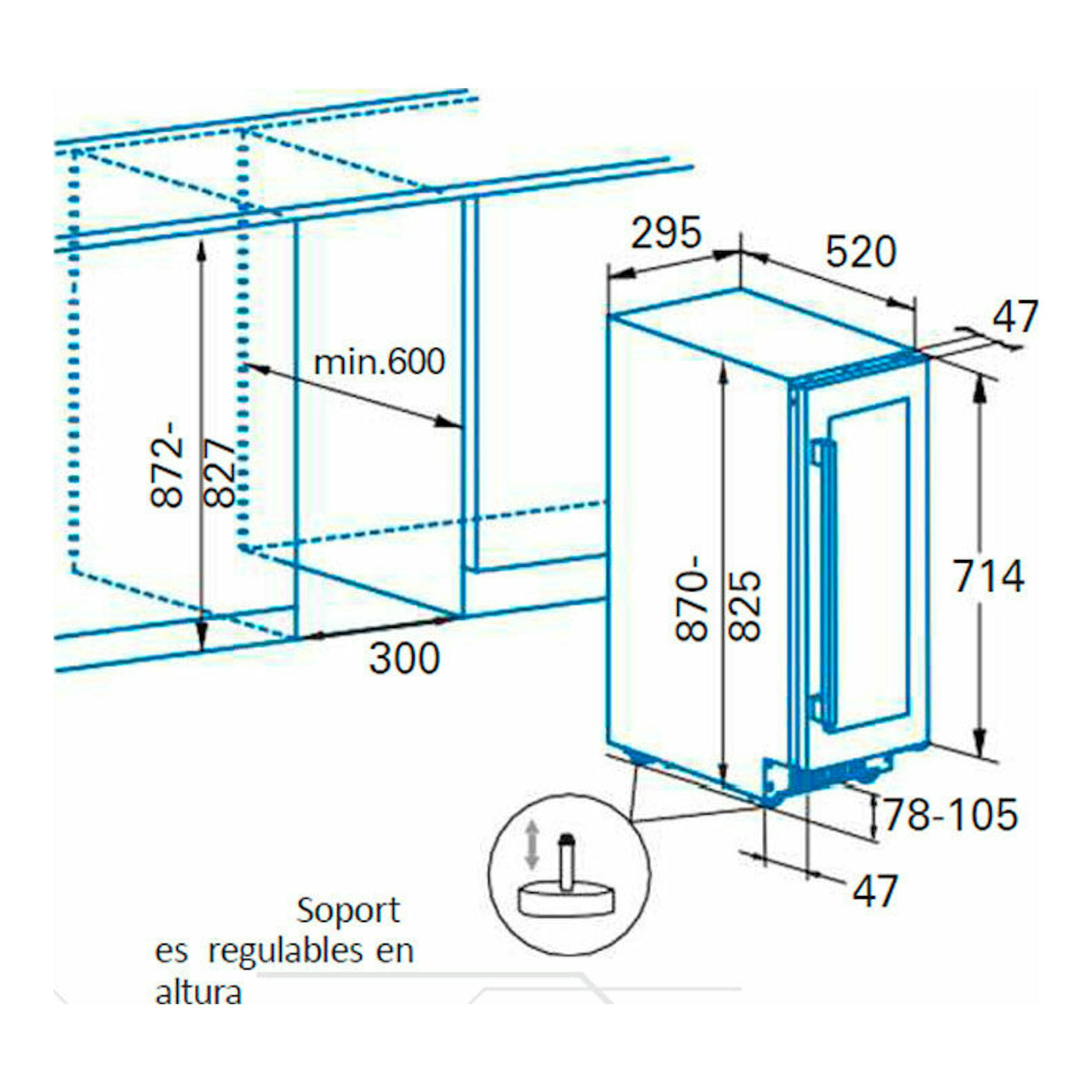 Esquema técnico en azul de vinoteca integrable Cata VI30117X Inox, con medidas y vista frontal/lateral.