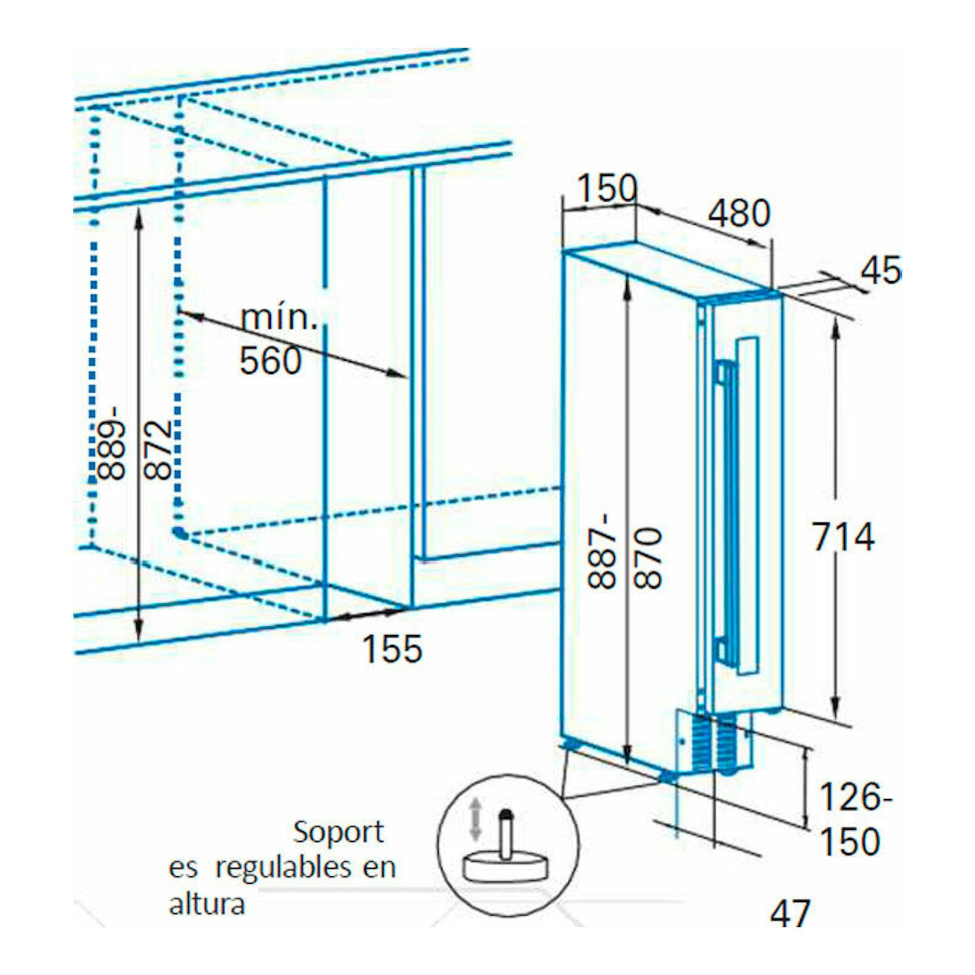 Esquema técnico de instalación de vinoteca integrable Cata VI 15107 X inox, con medidas y vista frontal lateral.