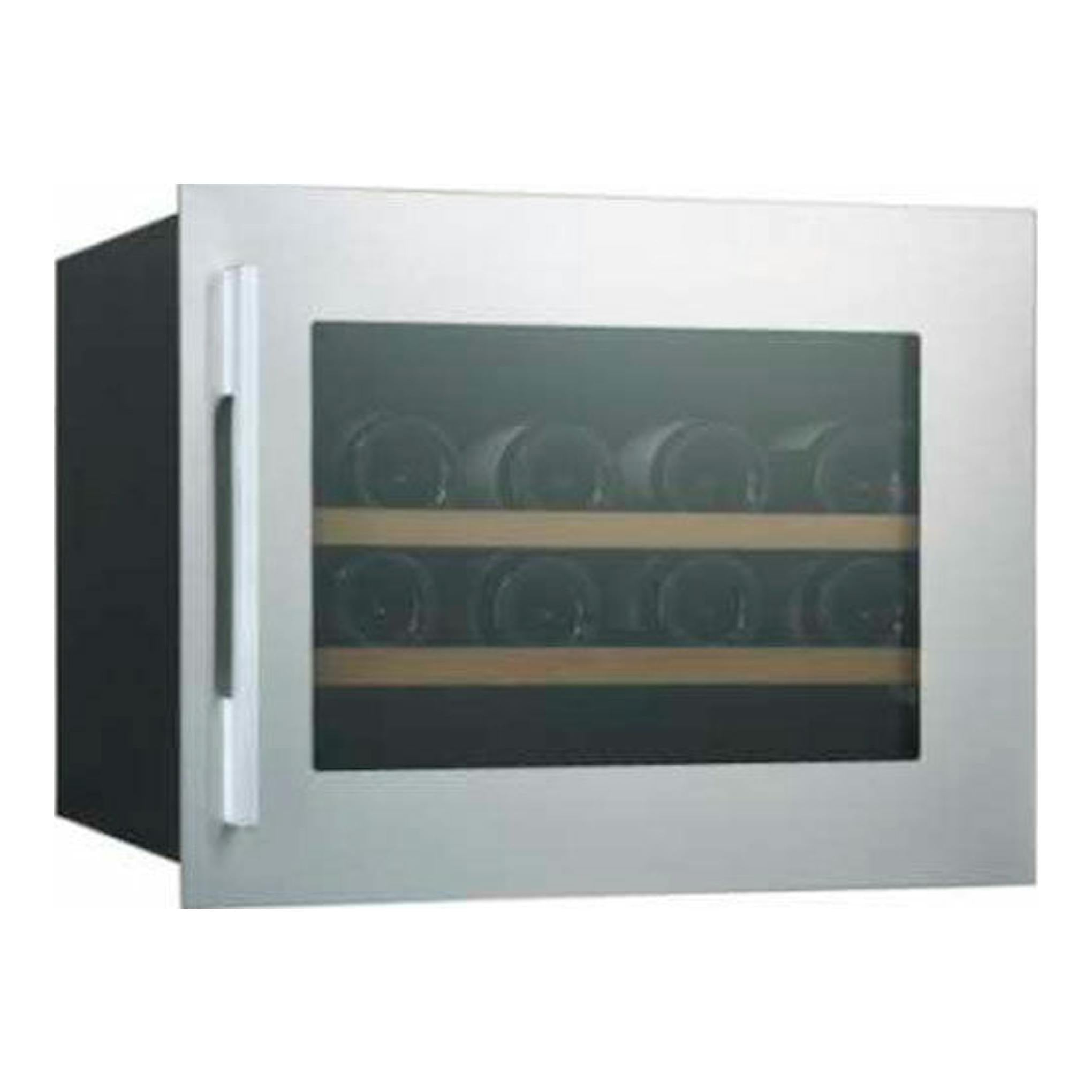 Vinoteca integrable Cata VI 54024 X inox, vista frontal en ángulo, puerta de cristal y marco plateado.