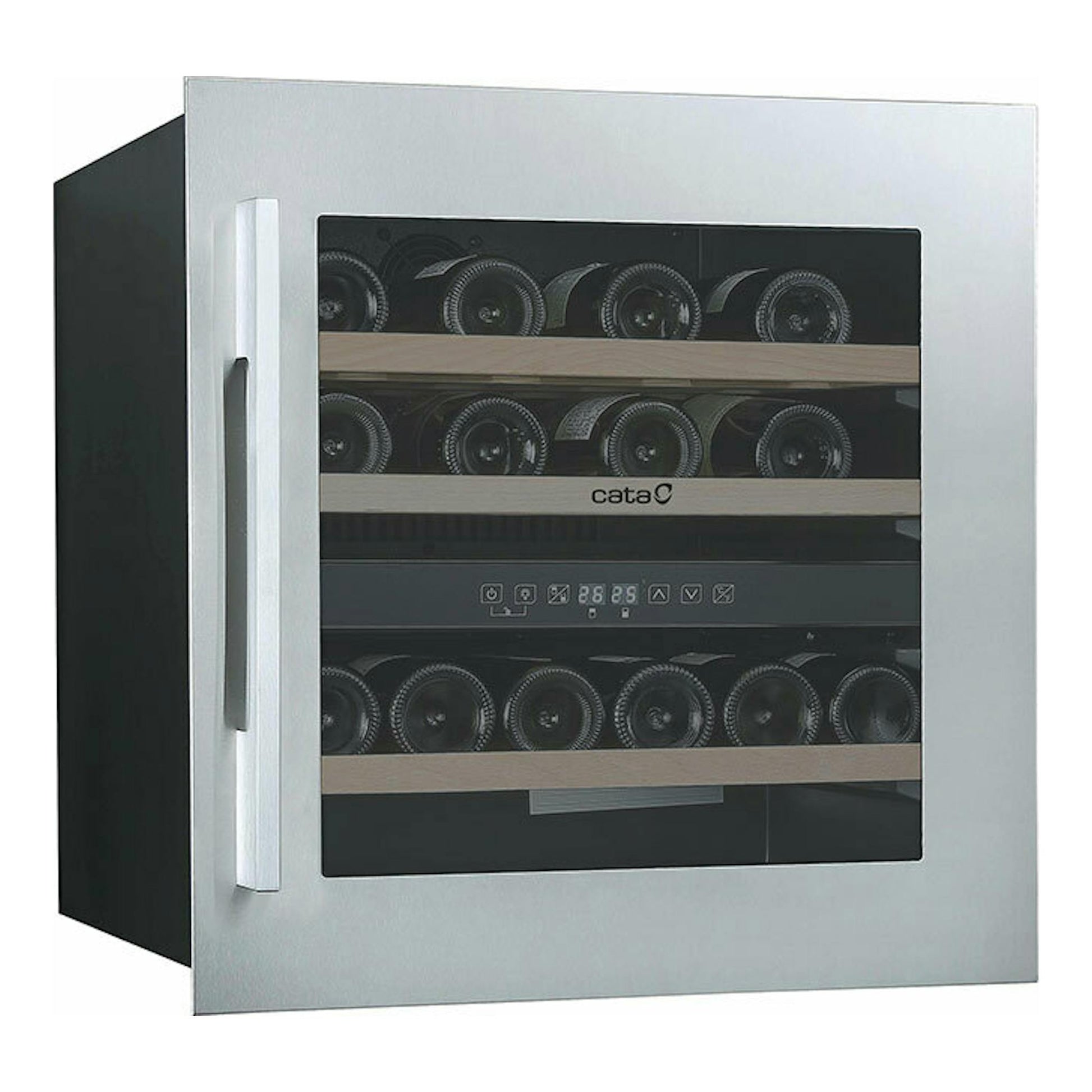 Vinoteca integrable Cata VI59036 X, vista frontal, acero inoxidable y puerta de cristal negro.