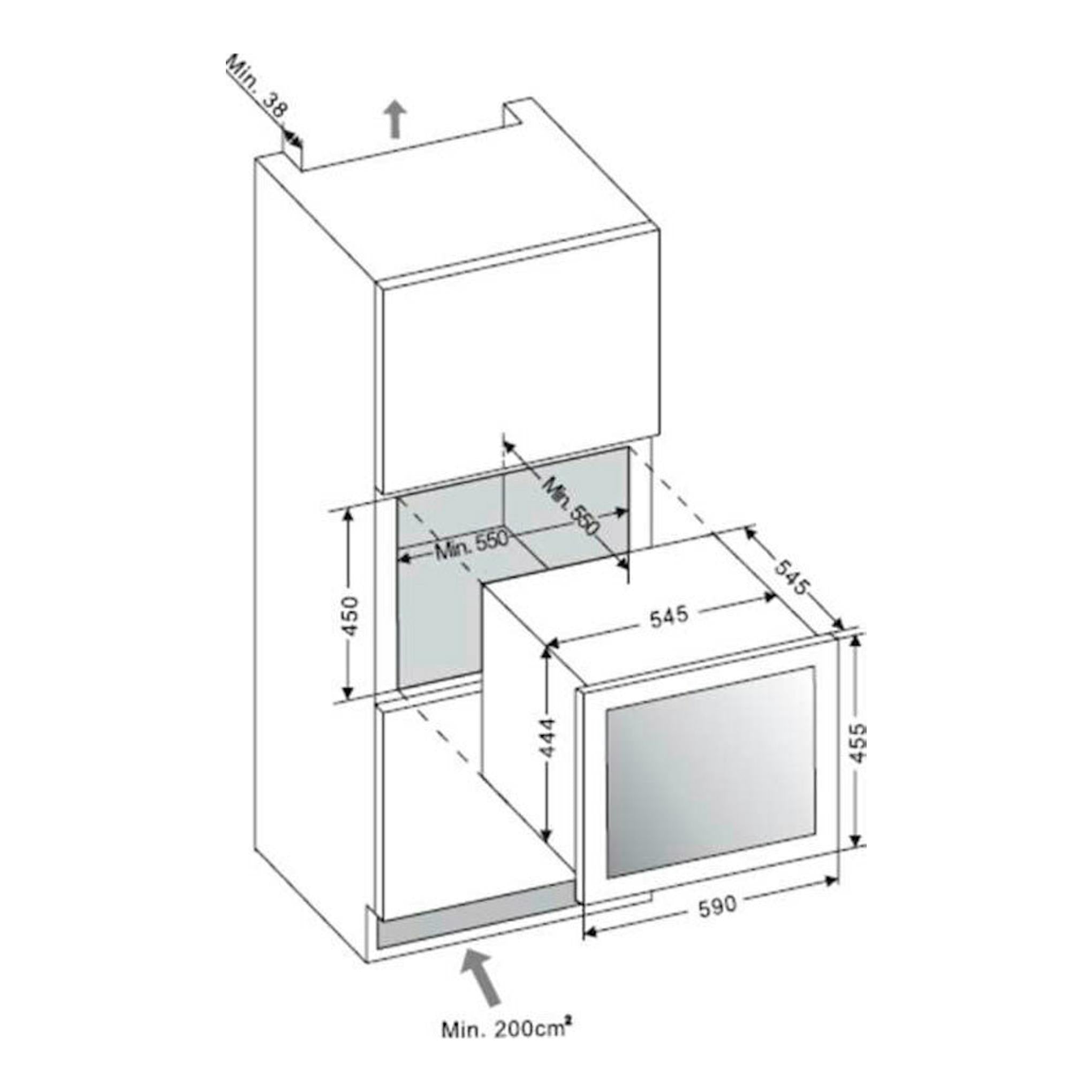 Esquema técnico de instalación de la vinoteca integrable Fagor 3WCI4540N, vista frontal en blanco y gris.