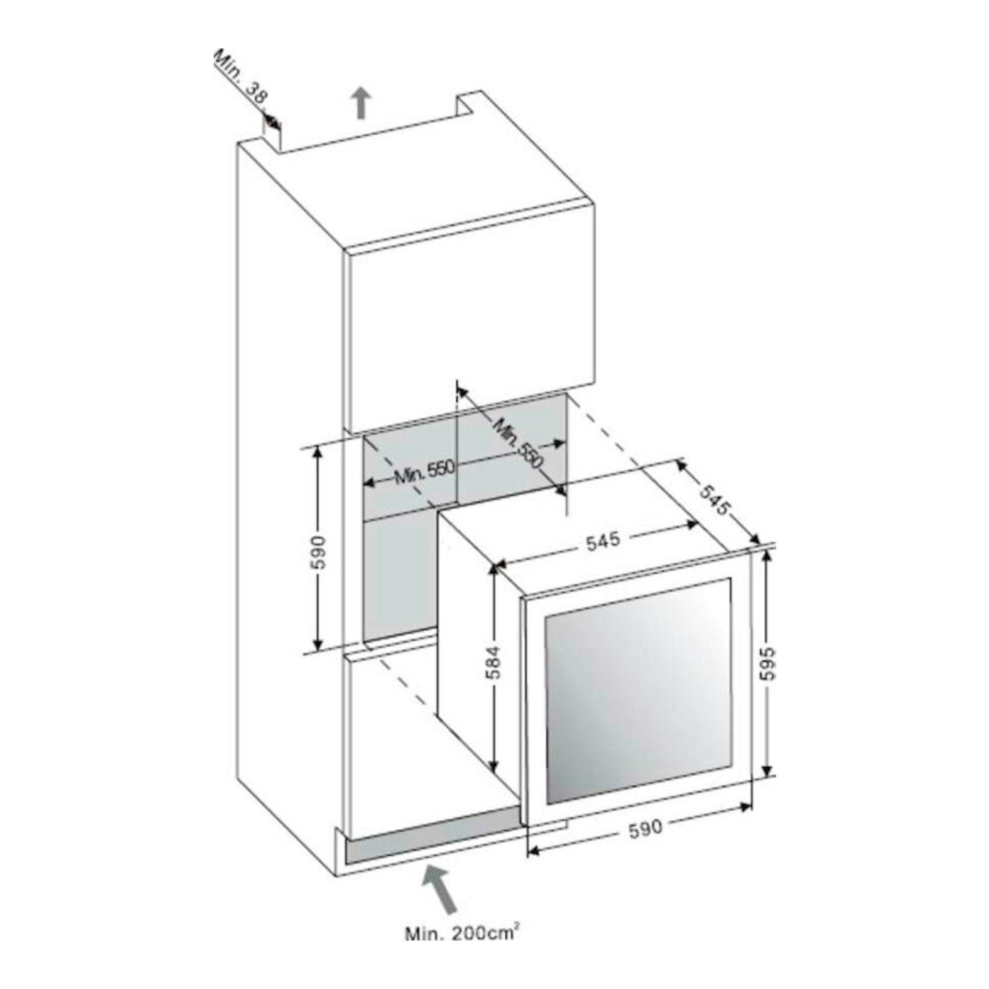 Esquema de instalación de vinoteca integrable Fagor 3WCI6040N negra, con medidas y vista frontal.