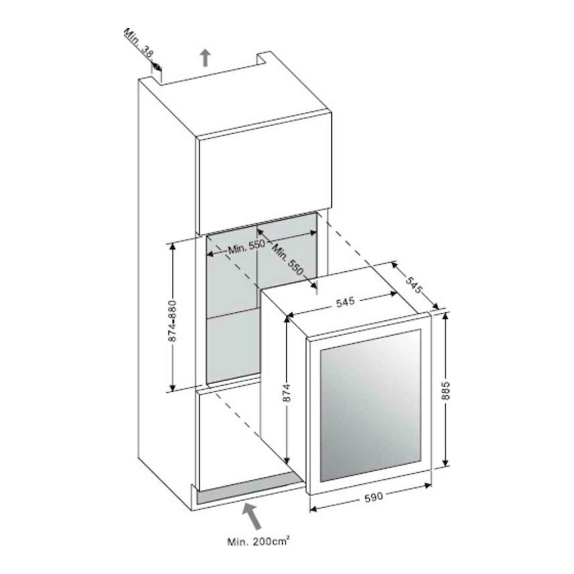 Esquema de instalación de vinoteca integrable Fagor 3WCI8840N negra, vista frontal, con medidas.