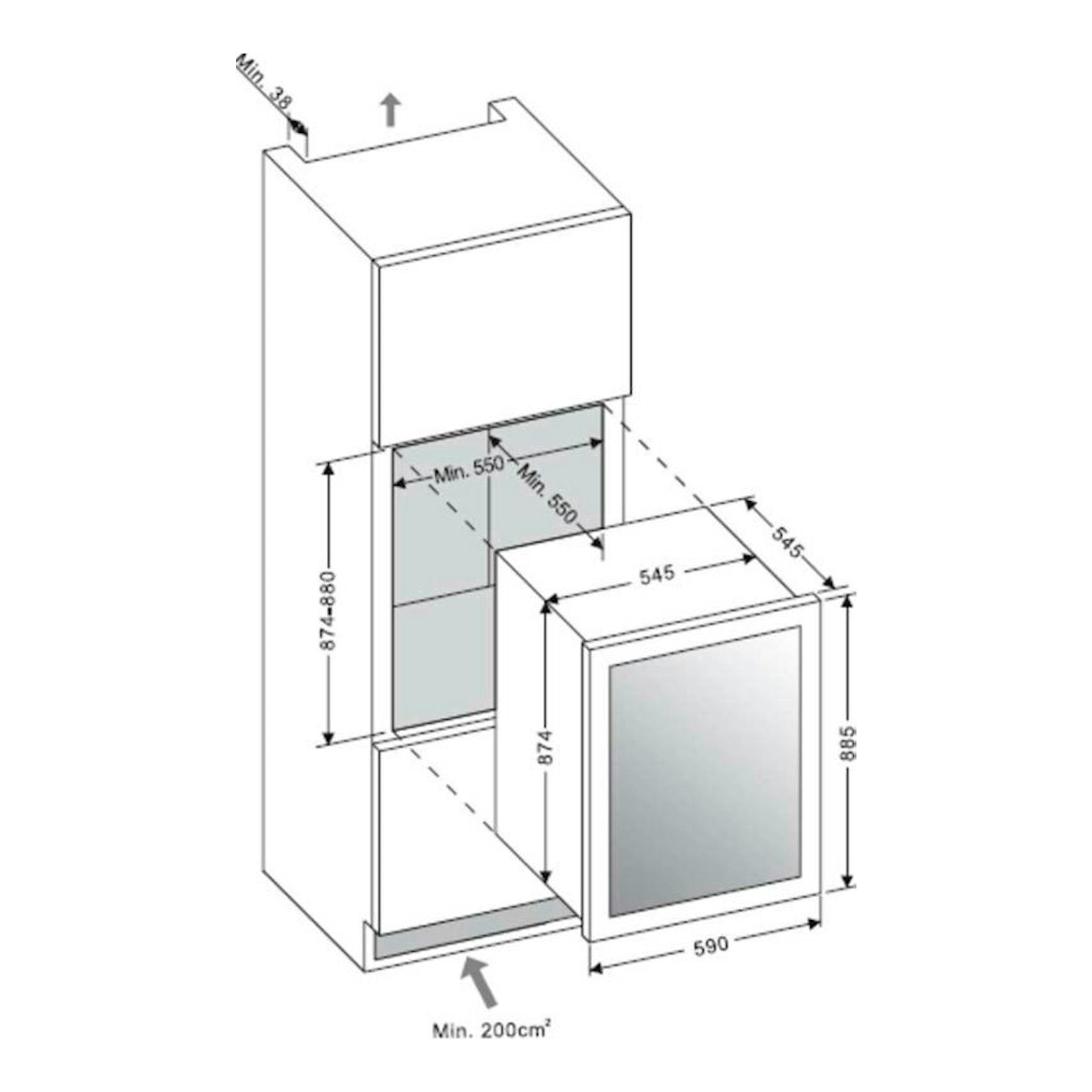 Esquema de instalación de vinoteca integrable Fagor 3WCI8840N negra, vista frontal, con medidas.