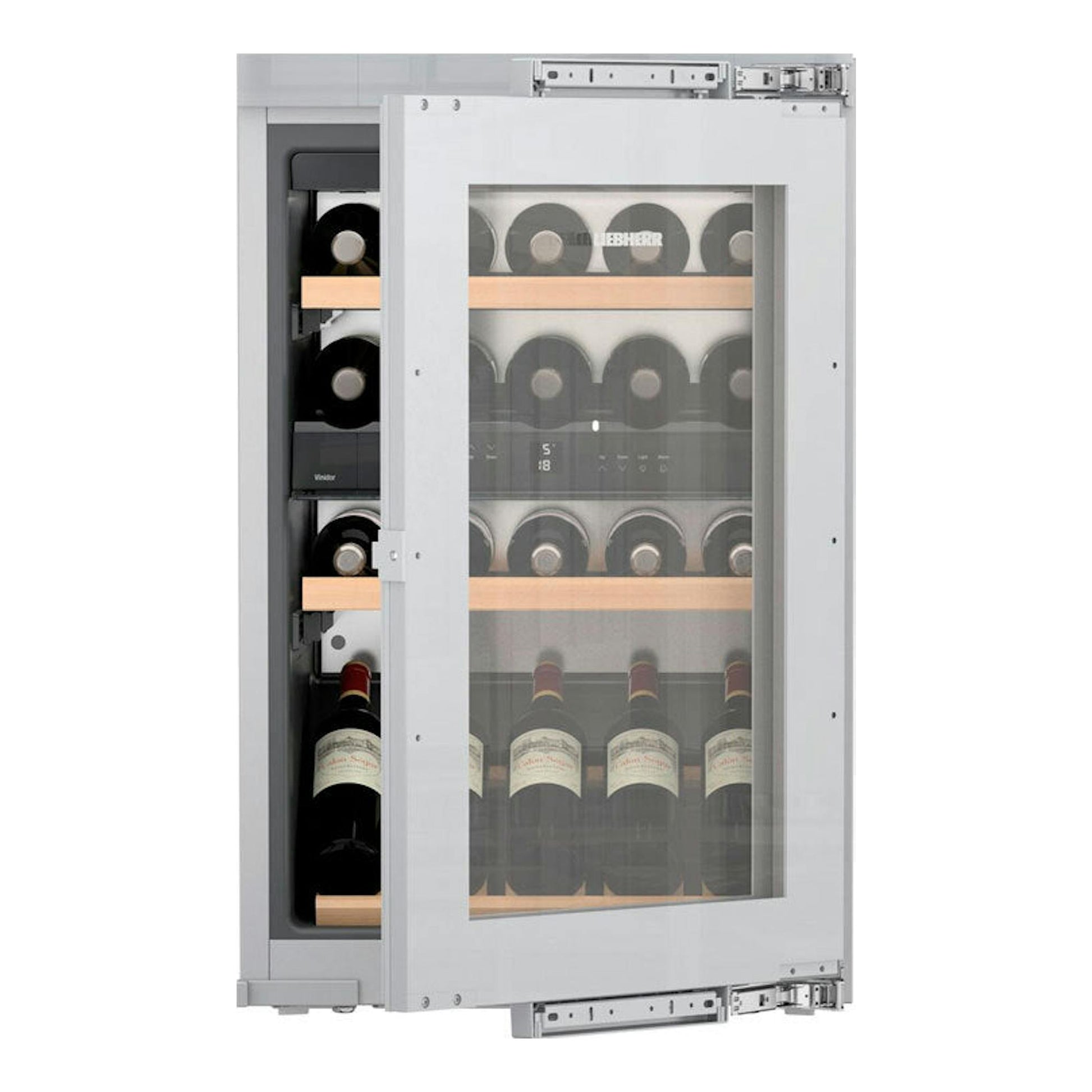 Vinoteca integrable Liebherr EWTdf 1653 001 26, vista frontal con puerta abierta, acabado gris y botellas visibles.