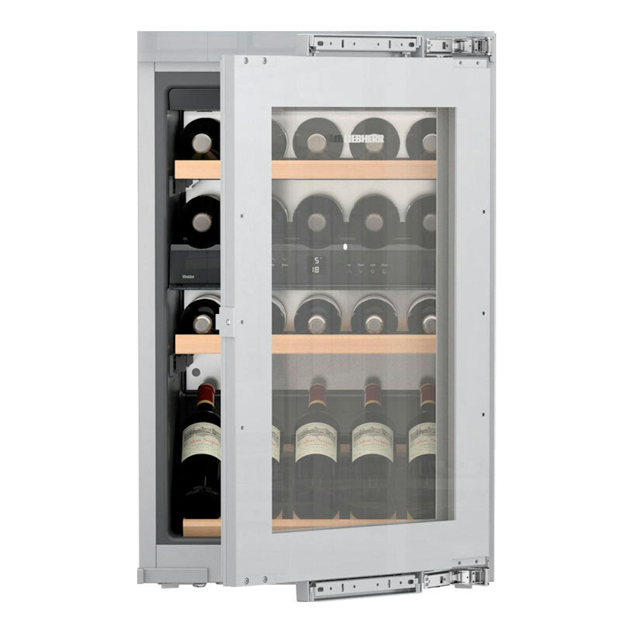 Vinoteca integrable Liebherr EWTdf 1653 001 26, vista frontal con puerta abierta, acabado gris y botellas visibles.