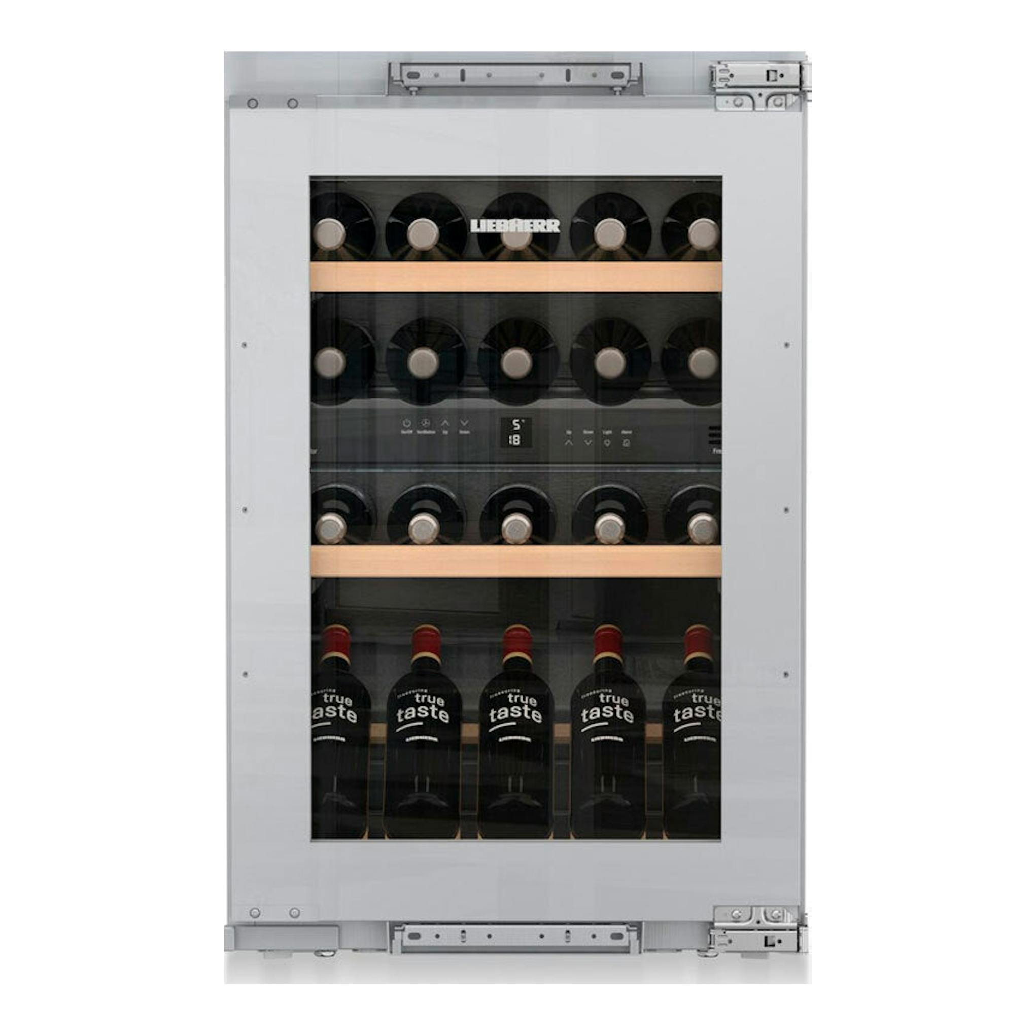 Vinoteca integrable Liebherr EWTdf 1653, vista frontal, puerta de vidrio y marco metálico gris, botellas en el interior.