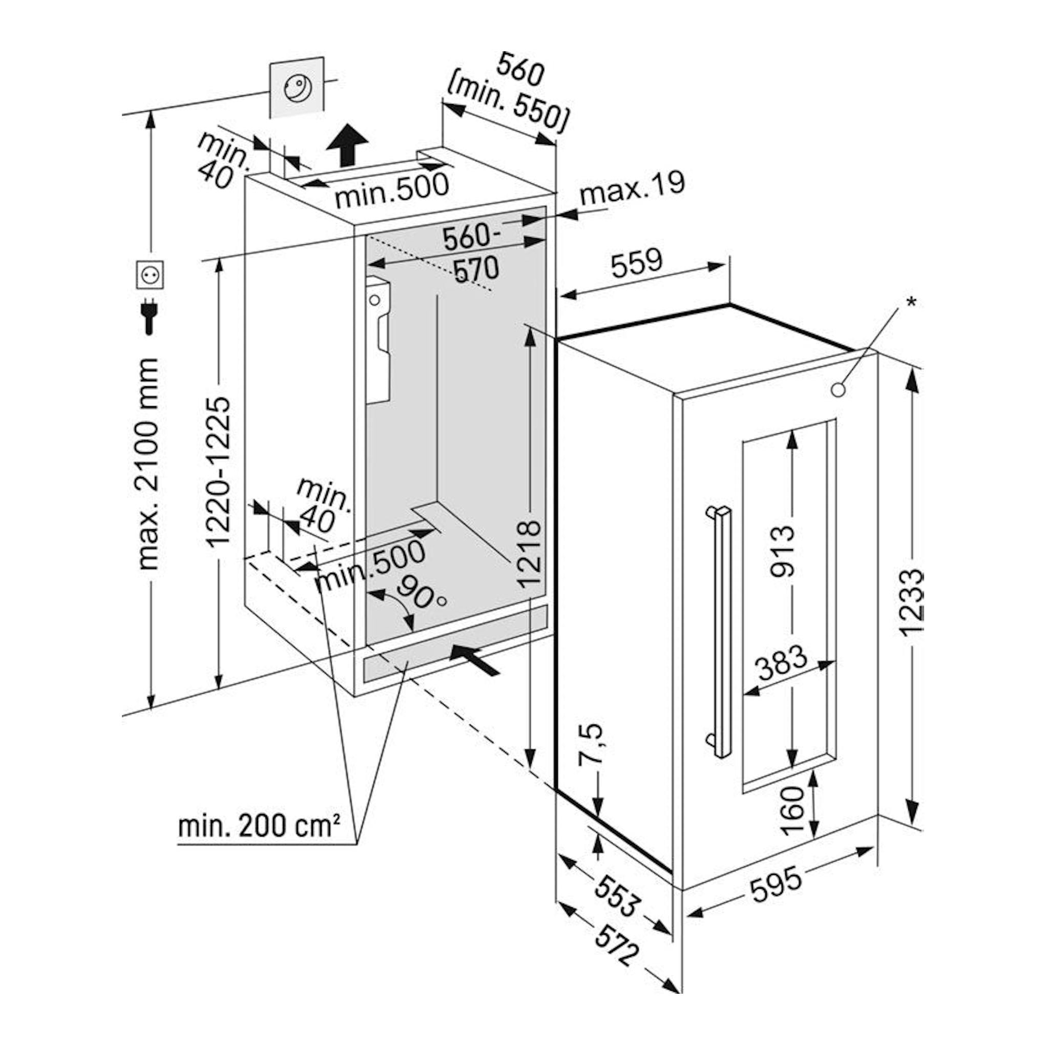 Diagrama técnico en blanco y negro de una vinoteca integrable Liebherr EWTdf 2353, vista frontal y lateral.