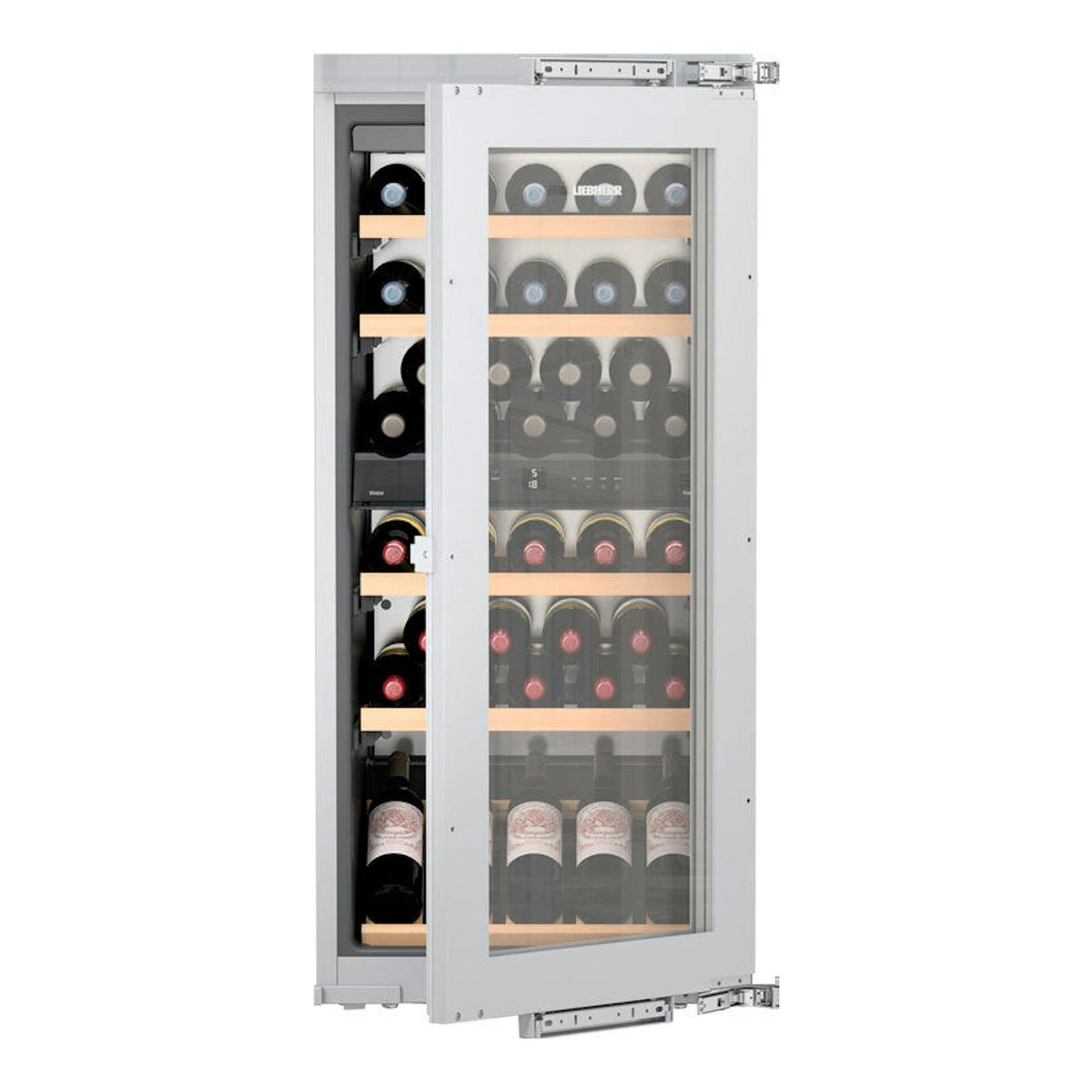 Vinoteca integrable Liebherr EWTdf 2353, vista frontal en tres cuartos, acabado plateado y puerta de cristal.