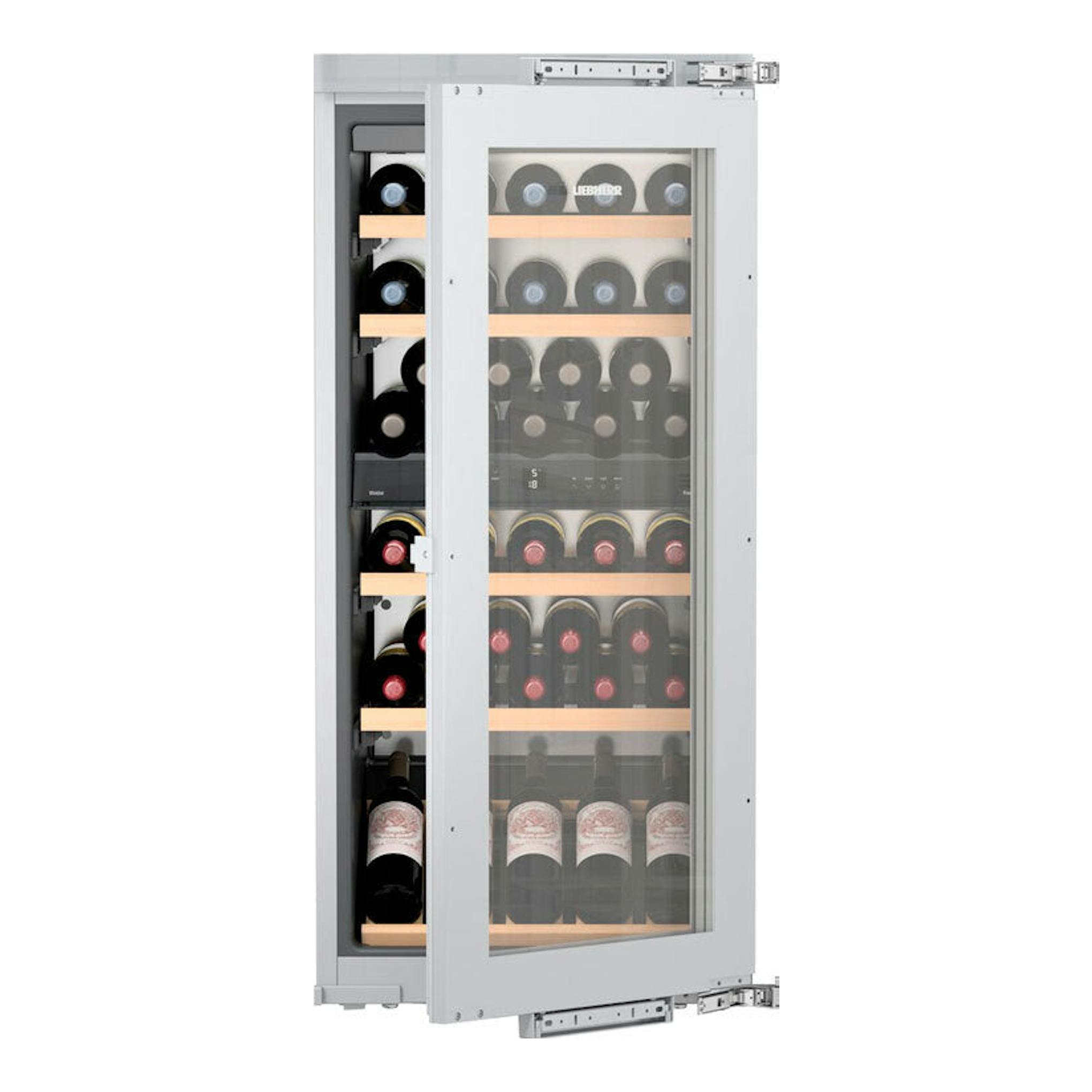 Vinoteca integrable Liebherr EWTdf 2353, vista frontal en tres cuartos, acabado plateado y puerta de cristal.