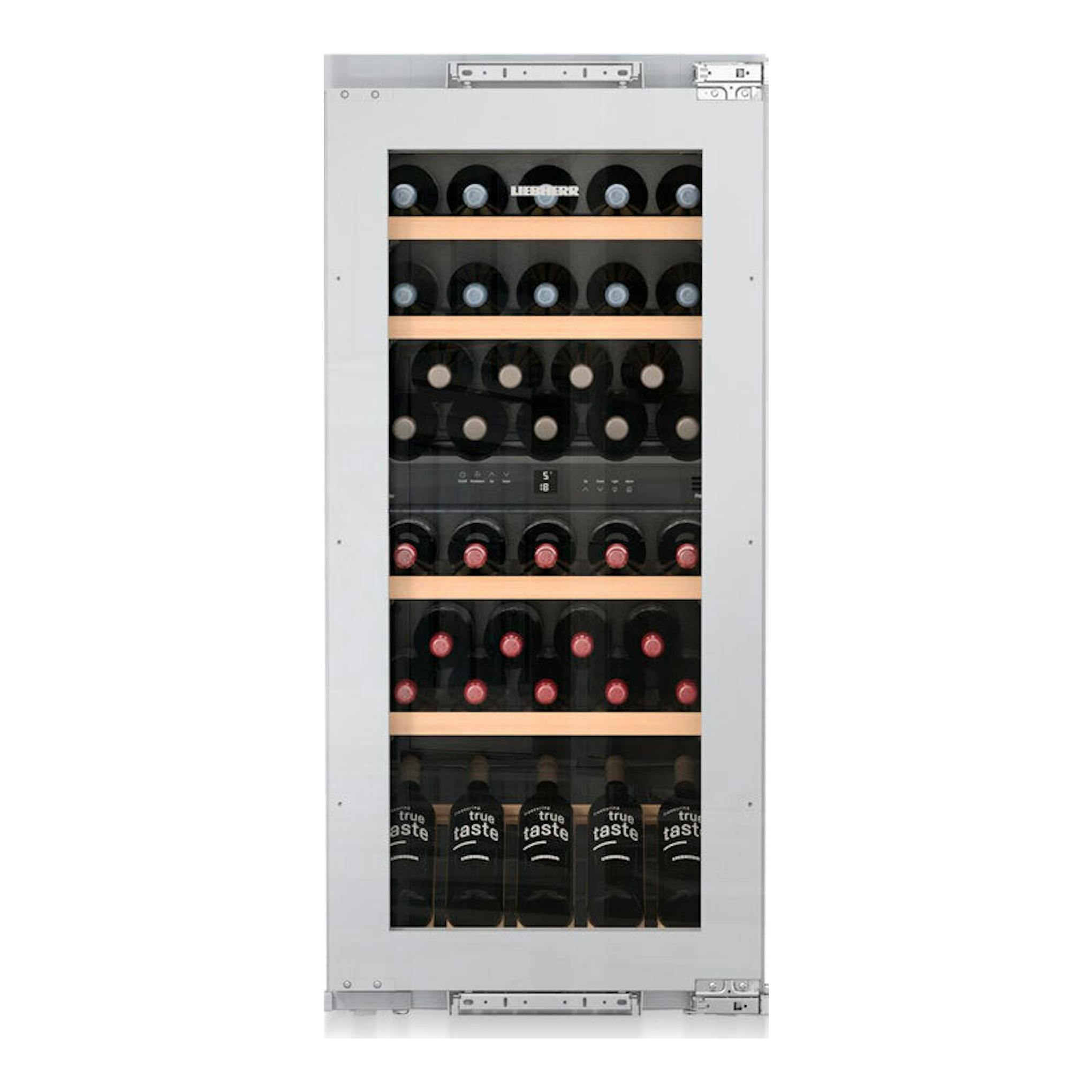 Vinoteca integrable Liebherr EWTdf 2353, vista frontal, puerta de cristal y botellas en estantes.