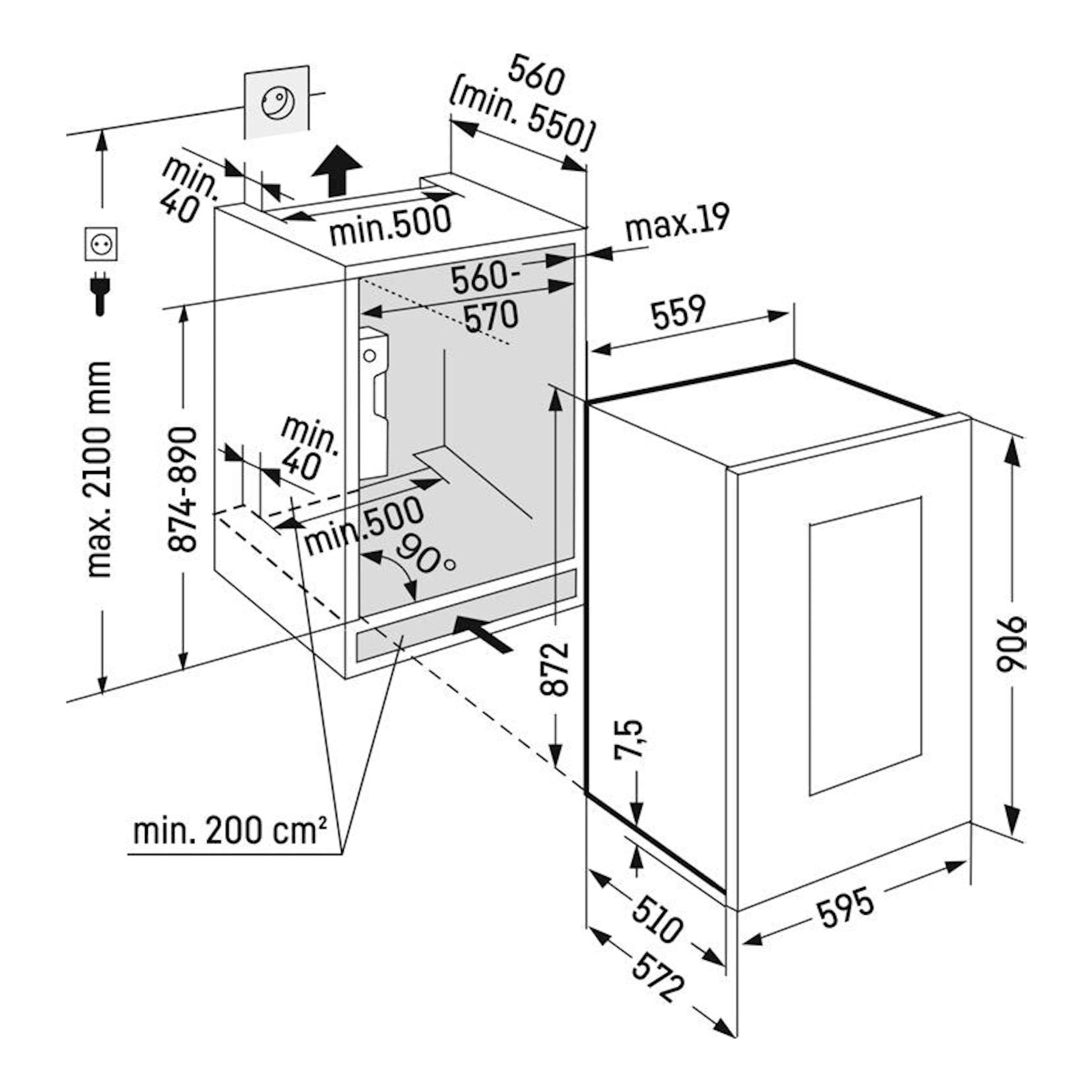Diagrama técnico isométrico de instalación de vinoteca integrable Liebherr EWTgw 1683 001 26 blanca, con medidas.