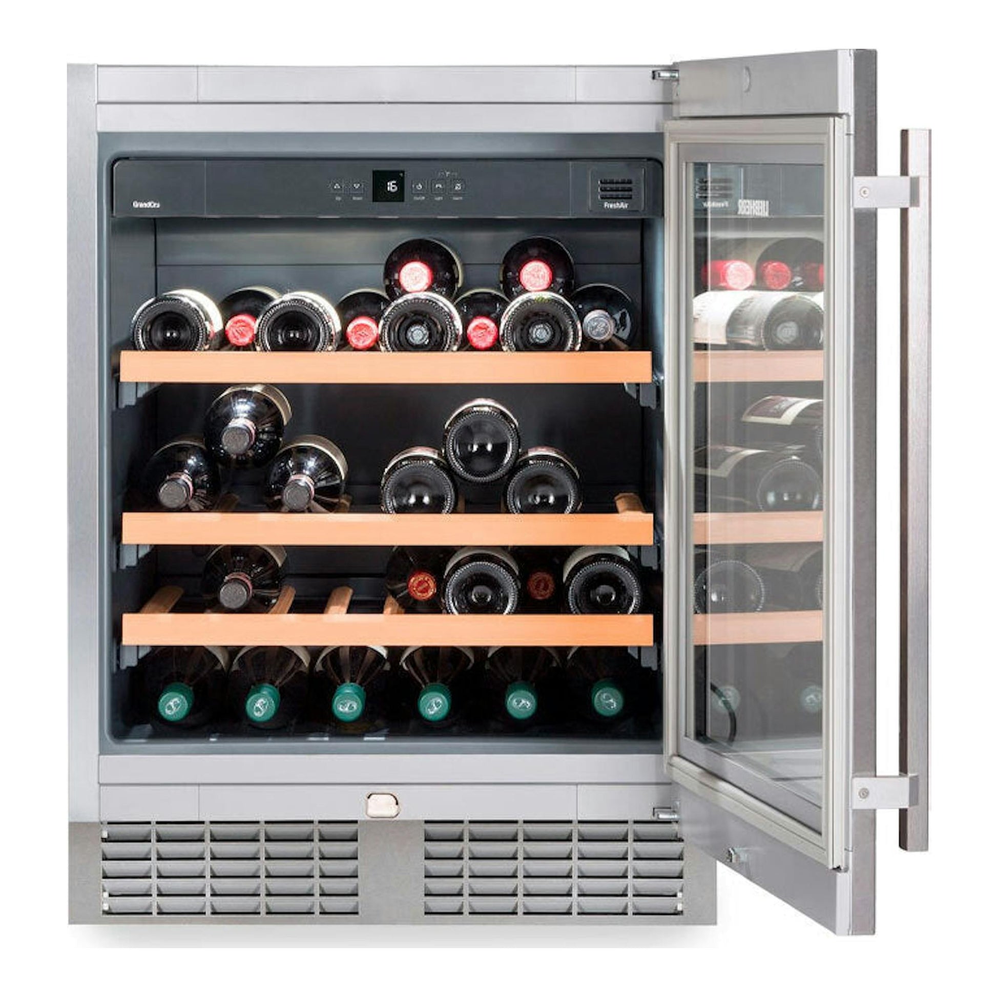 Vinoteca integrable Liebherr UWKes 1752 inox, vista frontal con puerta abierta y botellas en estantes.