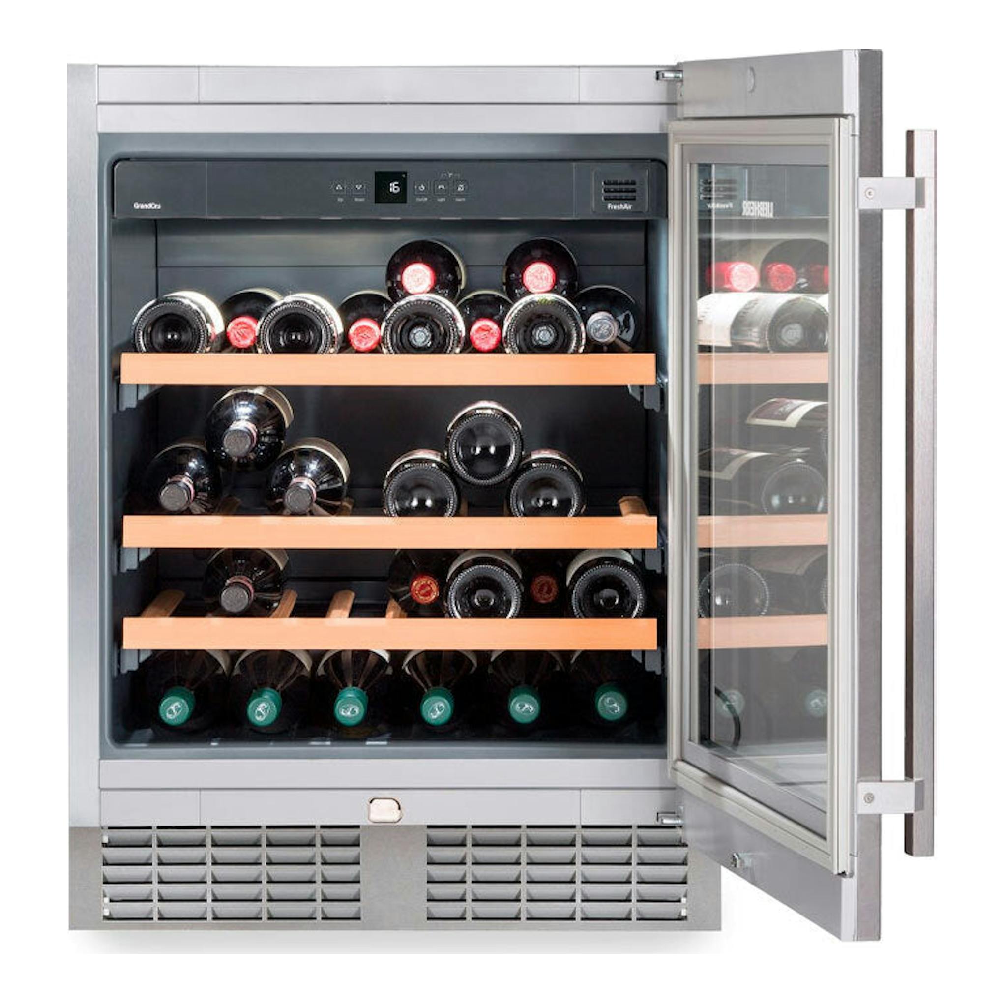 Vinoteca integrable Liebherr UWKes 1752 inox, vista frontal con puerta abierta y botellas en estantes.
