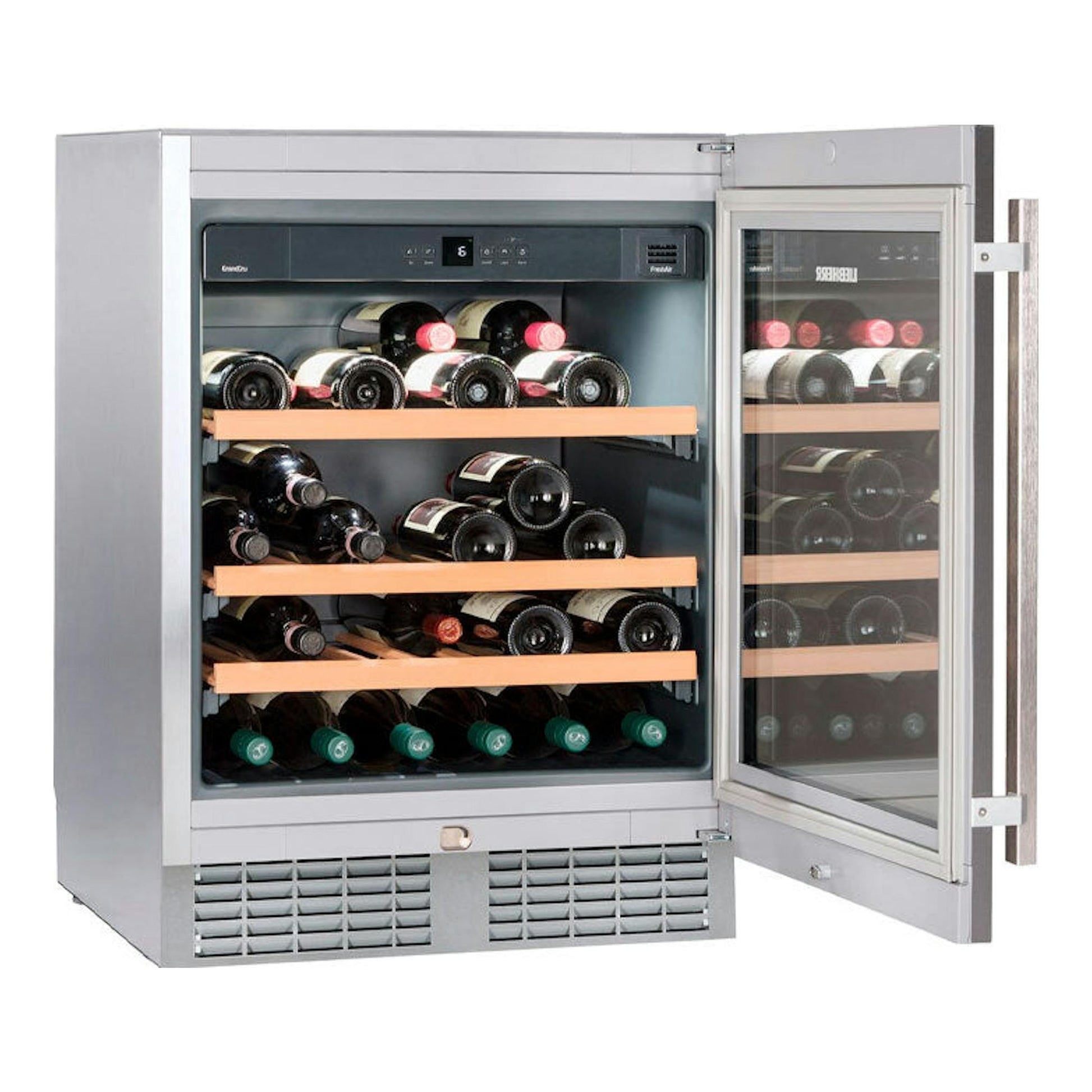 Vinoteca integrable Liebherr UWKes 1752 001 26 inox, vista frontal con puerta abierta y botellas en baldas.