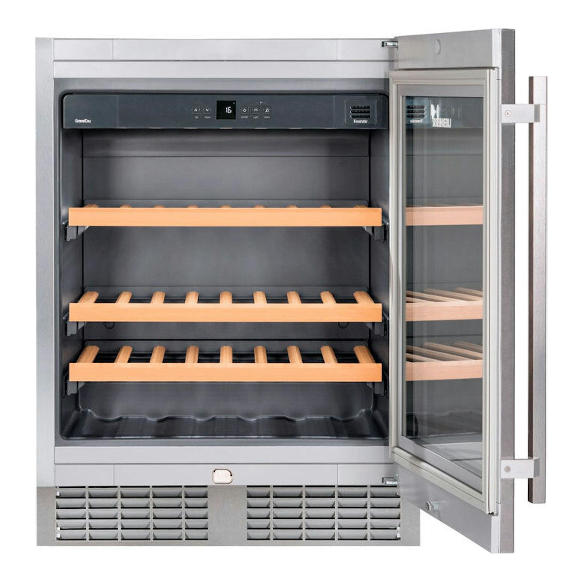 Vinoteca integrable Liebherr UWKes 1752 de inox, vista frontal con puerta abierta y tres baldas de madera.