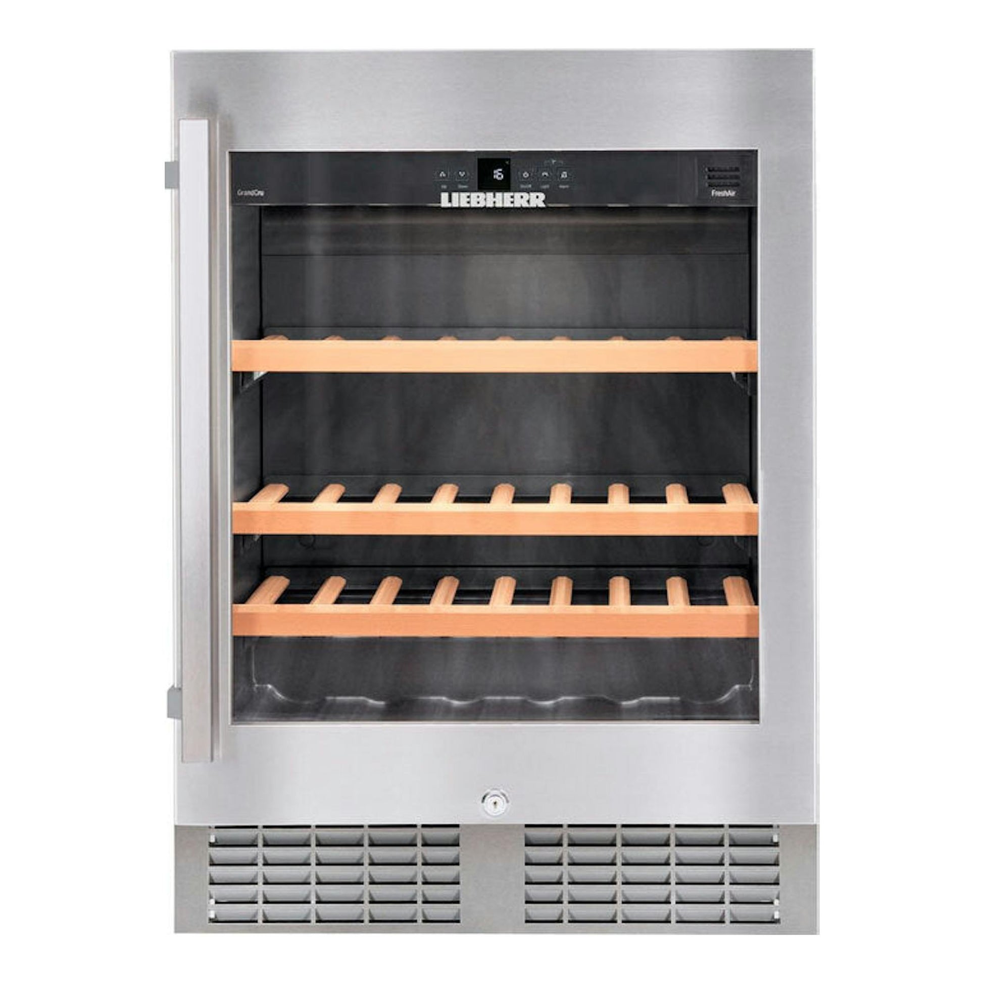Vinoteca integrable Liebherr UWKes 1752 001 26 en inox, vista frontal, puerta de cristal y baldas de madera.