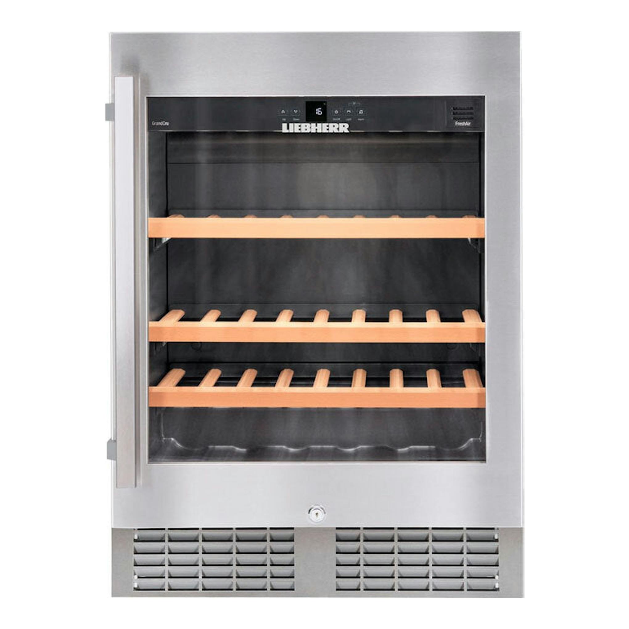 Vinoteca integrable Liebherr UWKes 1752 001 26 en inox, vista frontal, puerta de cristal y baldas de madera.