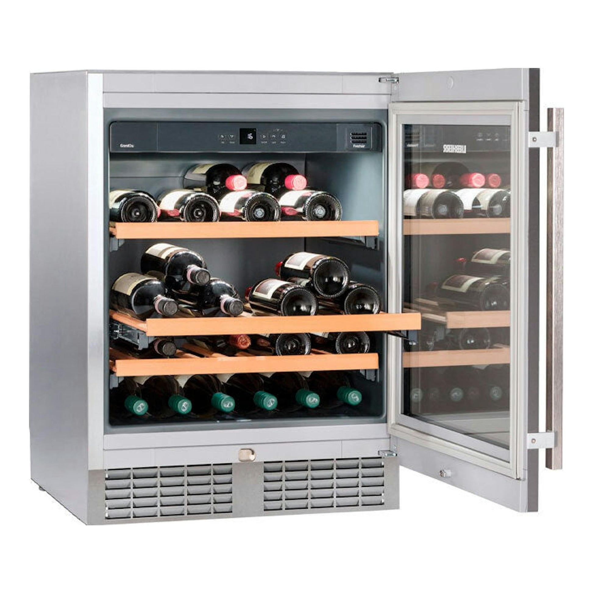 Vinoteca integrable Liebherr UWKes 1752 001 26 inox, vista frontal con puerta abierta y botellas en estantes.