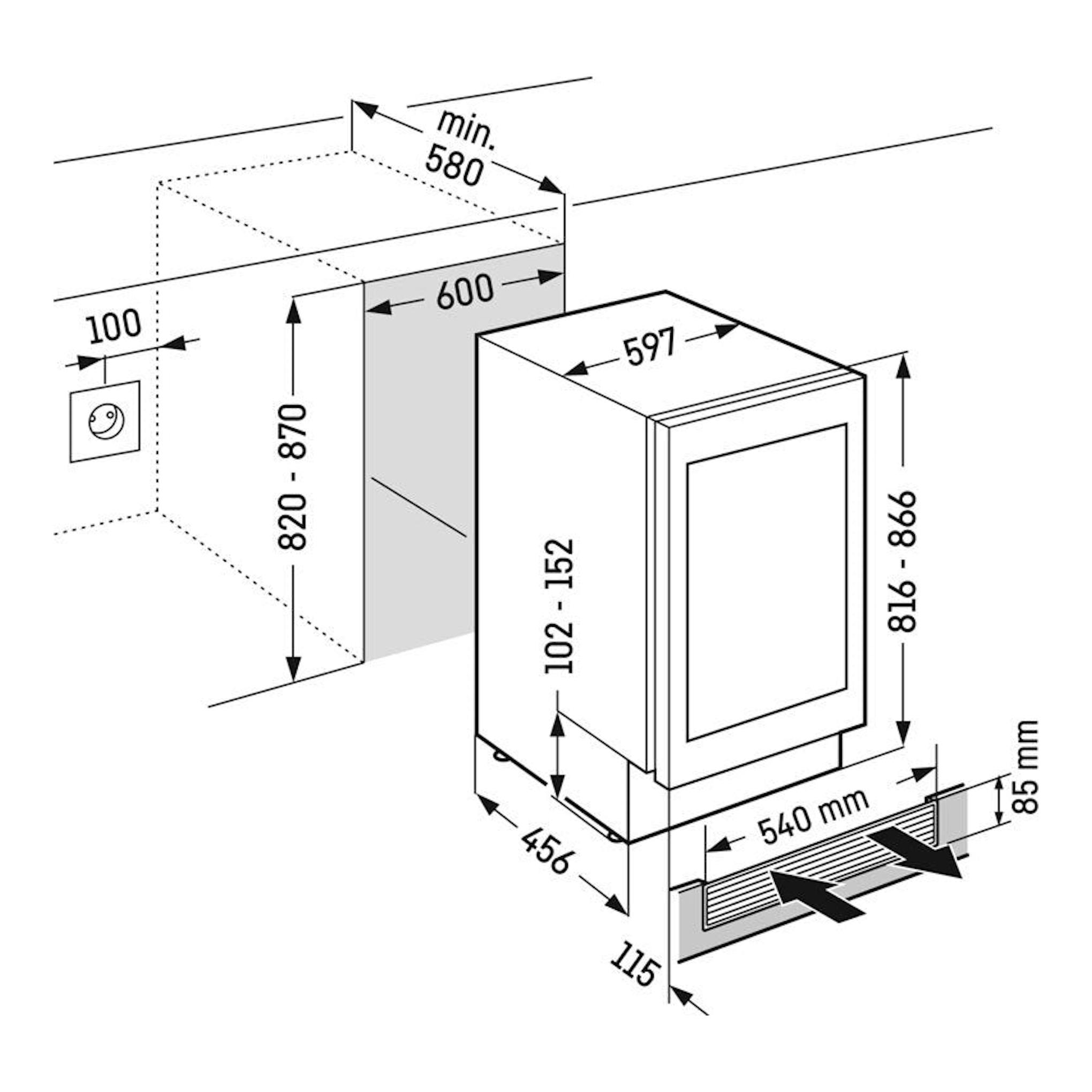 Dibujo técnico de instalación de vinoteca integrable Liebherr UWTgb 1682 001 26 negra, con medidas.