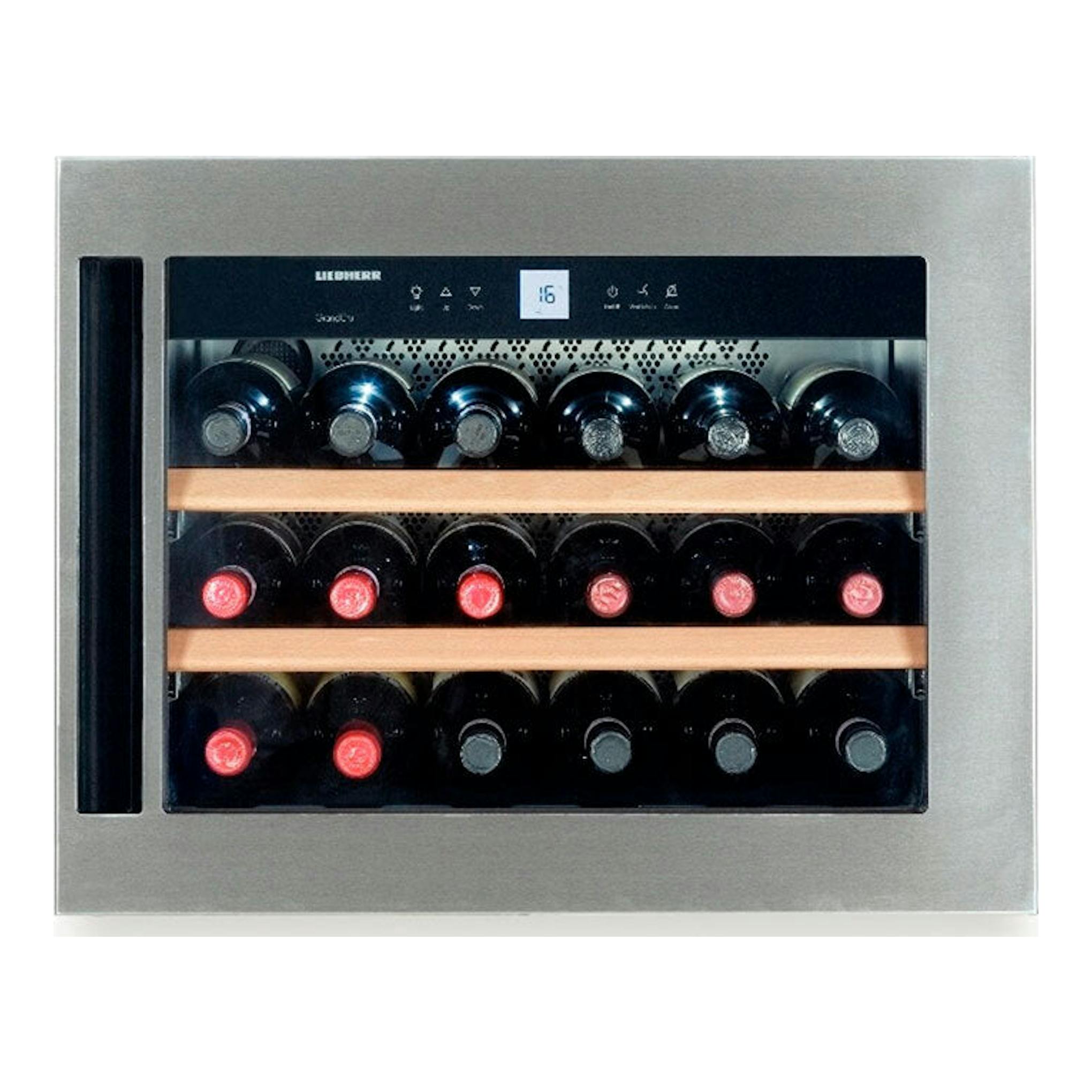 Vinoteca integrable Liebherr WKEes 553 en inox, vista frontal, con botellas visibles tras puerta de cristal.