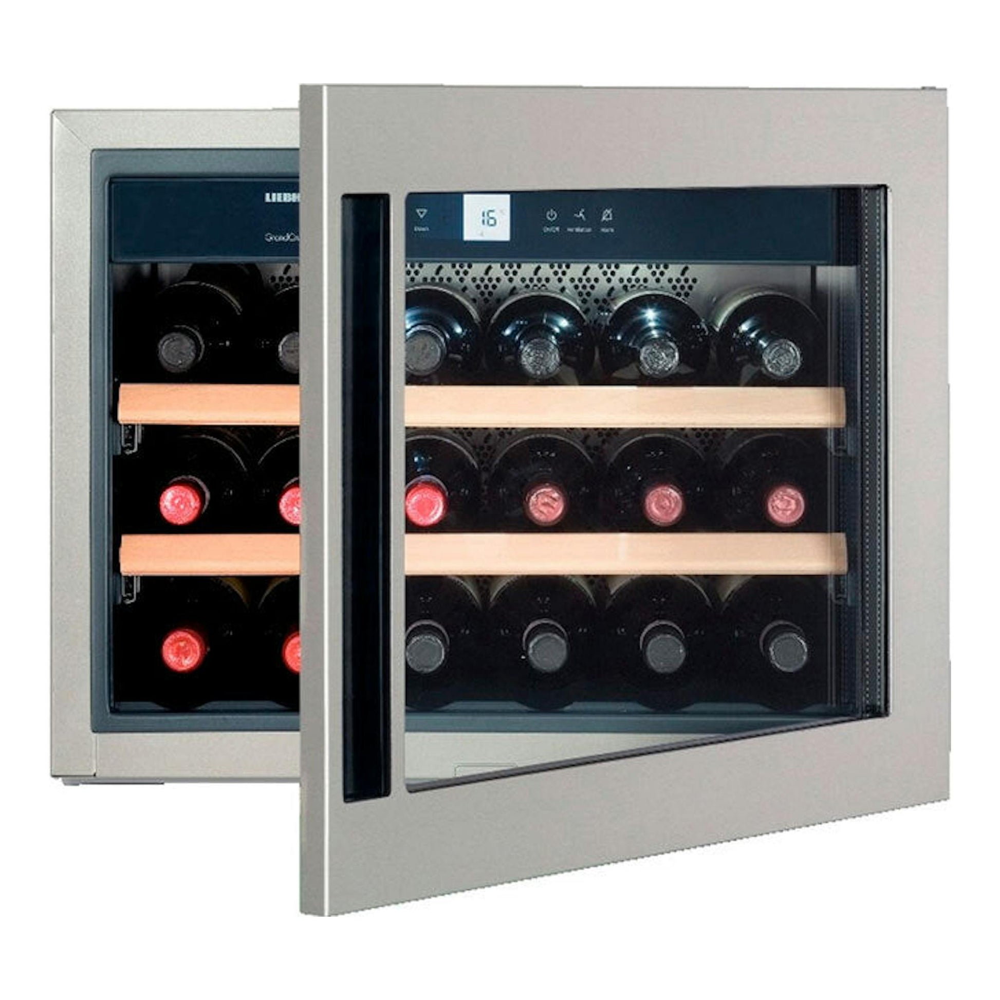 Vinoteca integrable Liebherr WKEes 553 en inox, vista frontal con puerta abierta y botellas dentro.