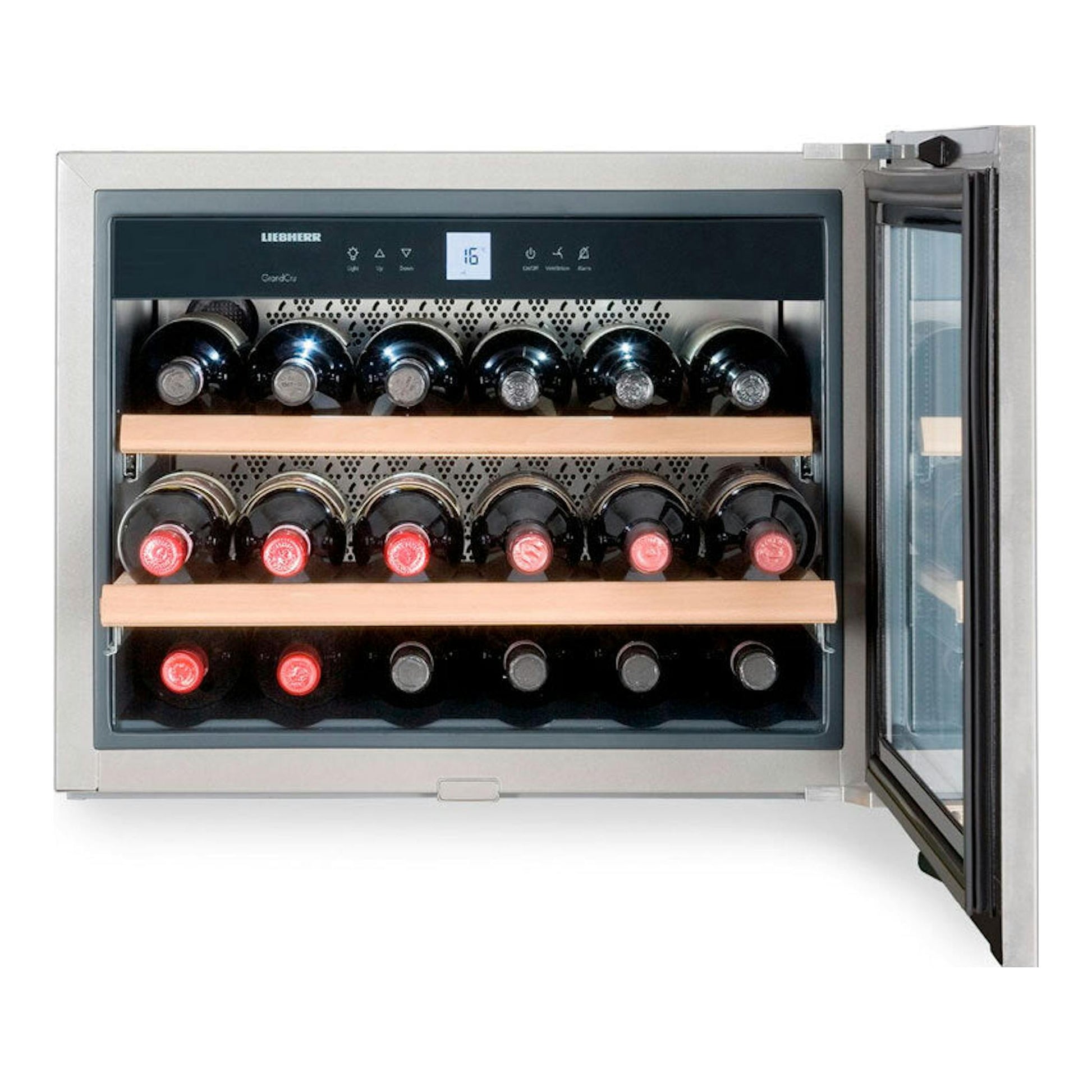 Vinoteca integrable Liebherr WKEes 553 001 26 inox, vista frontal con puerta abierta y botellas en el interior.