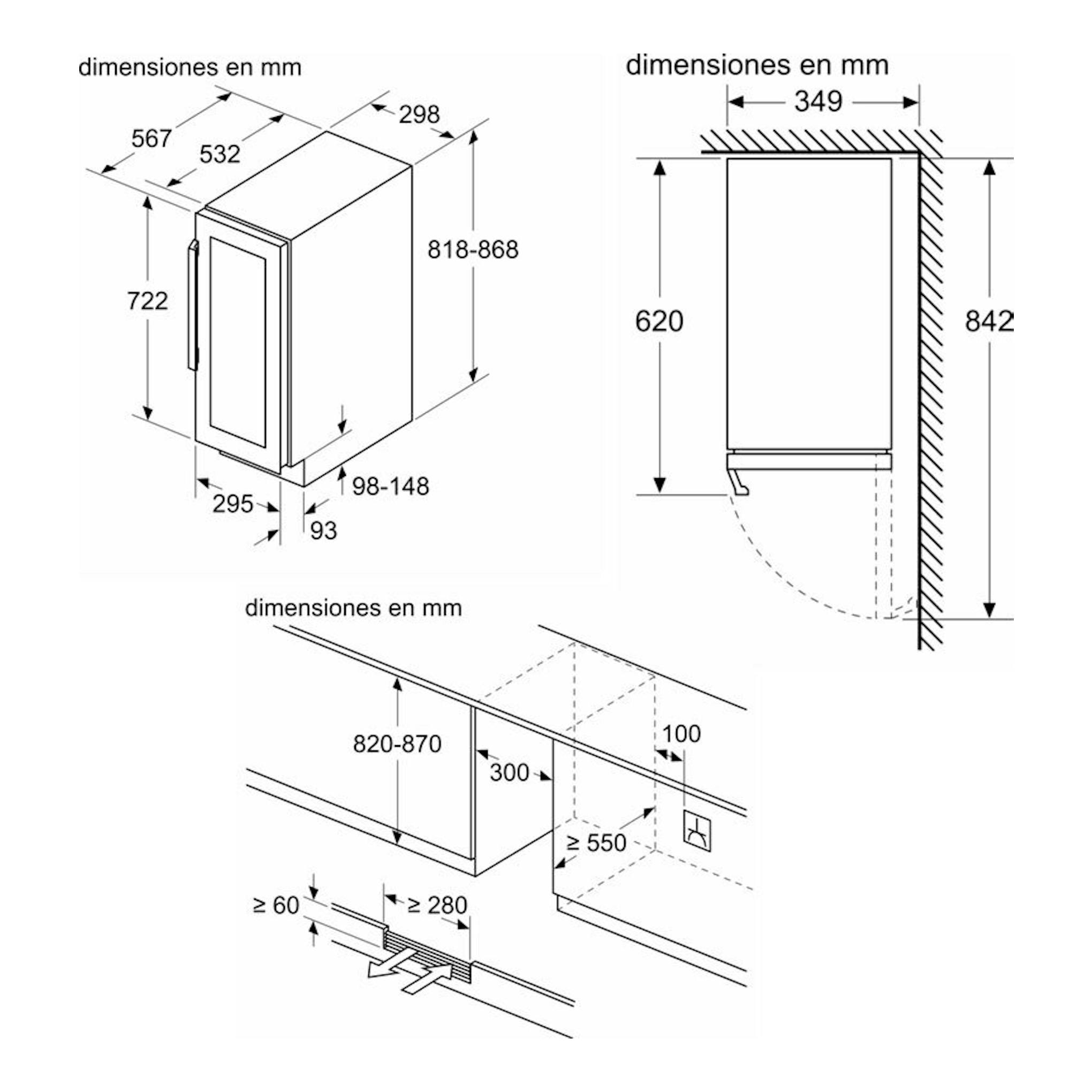 Diagrama de dimensiones de vinoteca integrable Siemens KU20WVHF0 negra, vistas frontal y lateral.