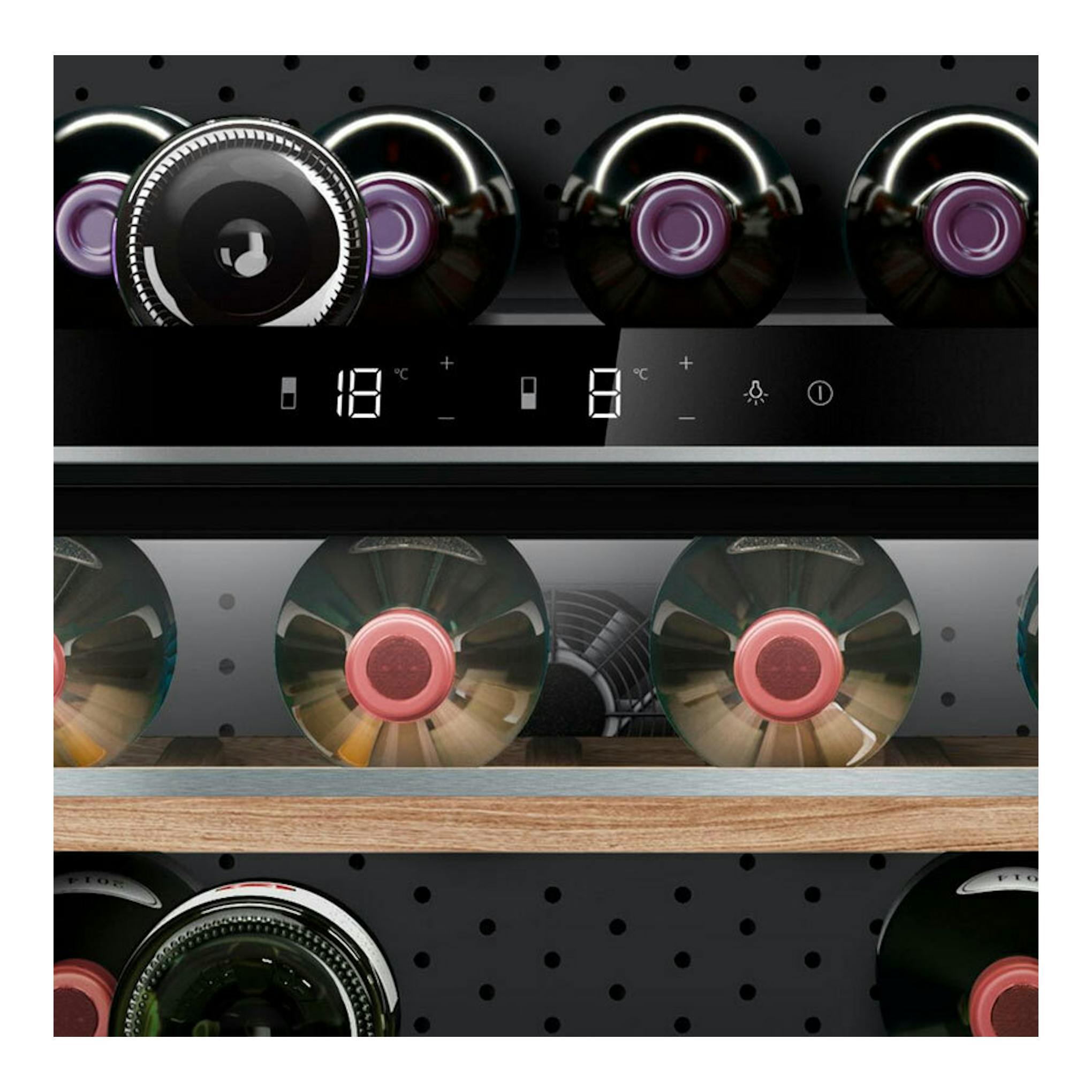 Vinoteca integrable Siemens KU21WAHG0 negra, vista frontal con botellas y panel digital.