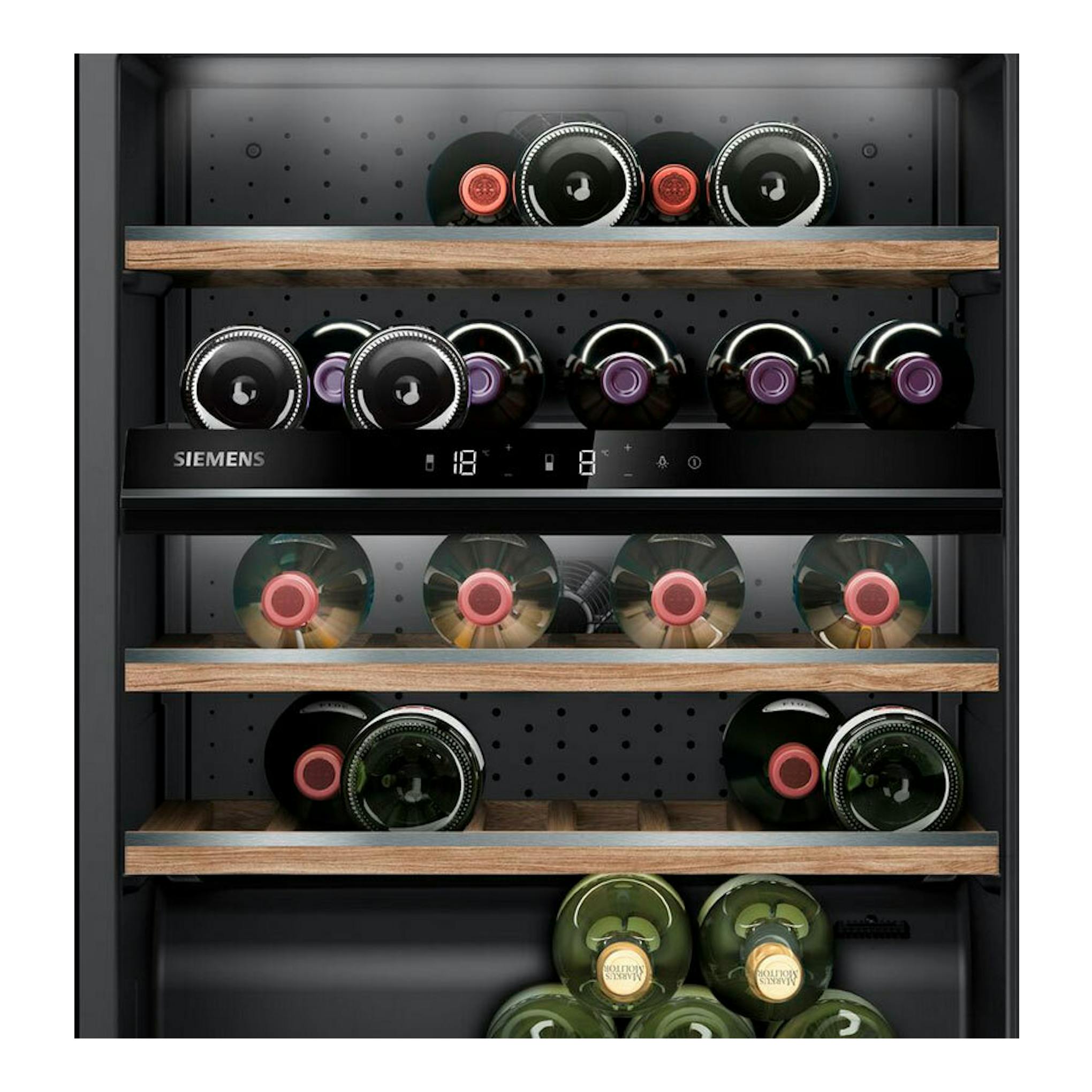 Vinoteca integrable Siemens KU21WAHG0, vista frontal, negra, con botellas y estantes de madera.