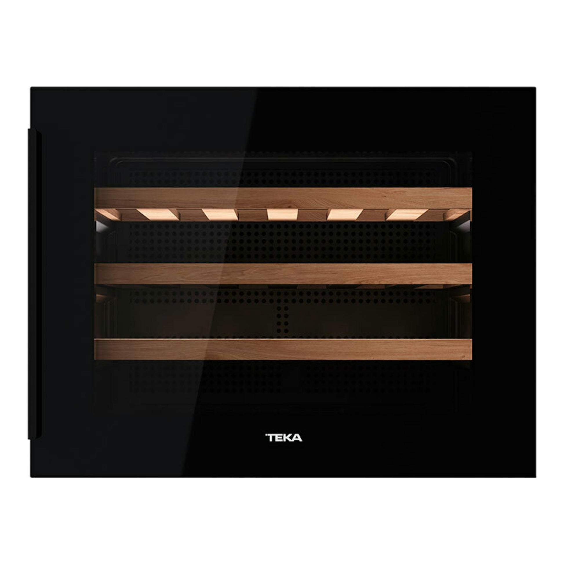 Vinoteca integrable Teka RVI10024 negra, vista frontal, con puerta de cristal y tres baldas de madera.