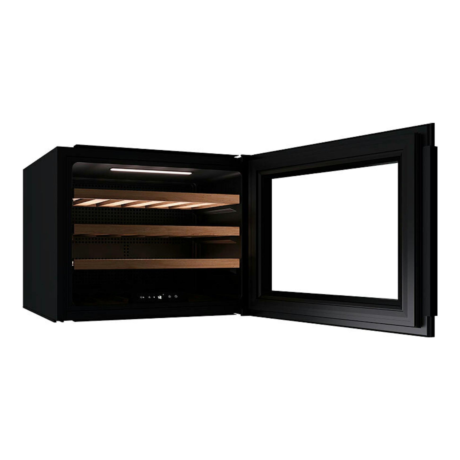 Vinoteca integrable Teka RVI10024 negra, vista frontal abierta, con baldas de madera y puerta abatible.